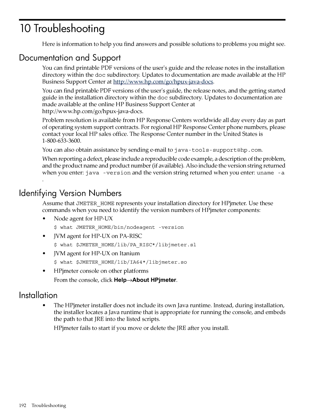 HP jmeter Software for -UX manual Troubleshooting, Documentation and Support, Identifying Version Numbers, Installation 