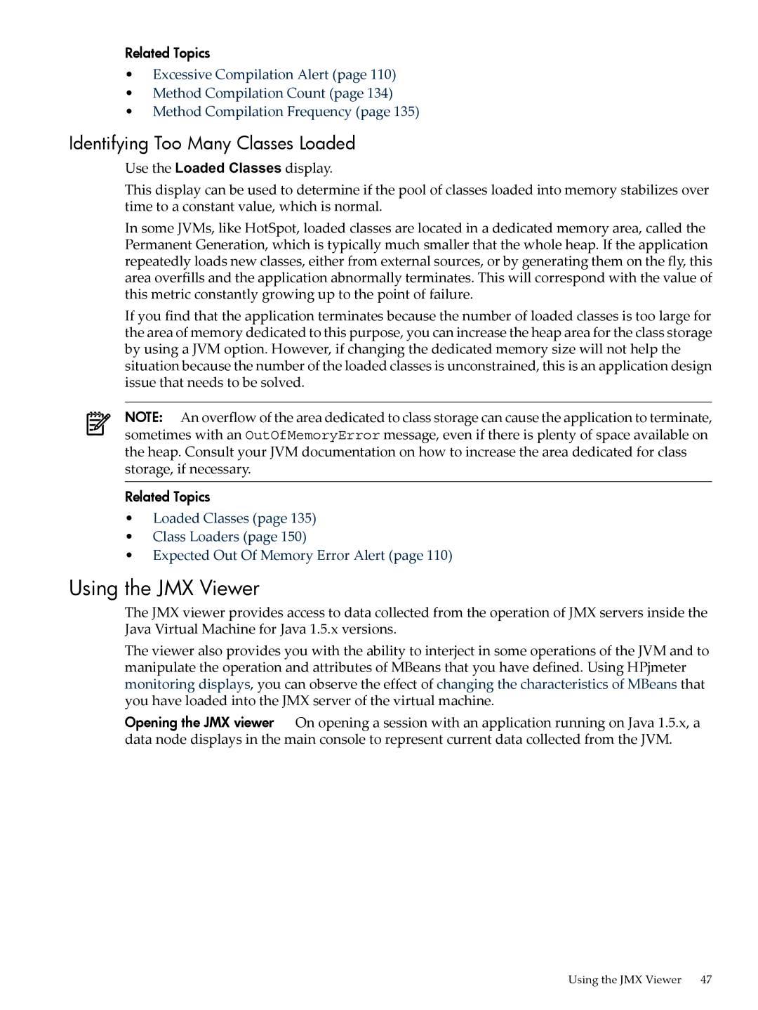 HP jmeter Software for -UX manual Using the JMX Viewer, Identifying Too Many Classes Loaded 