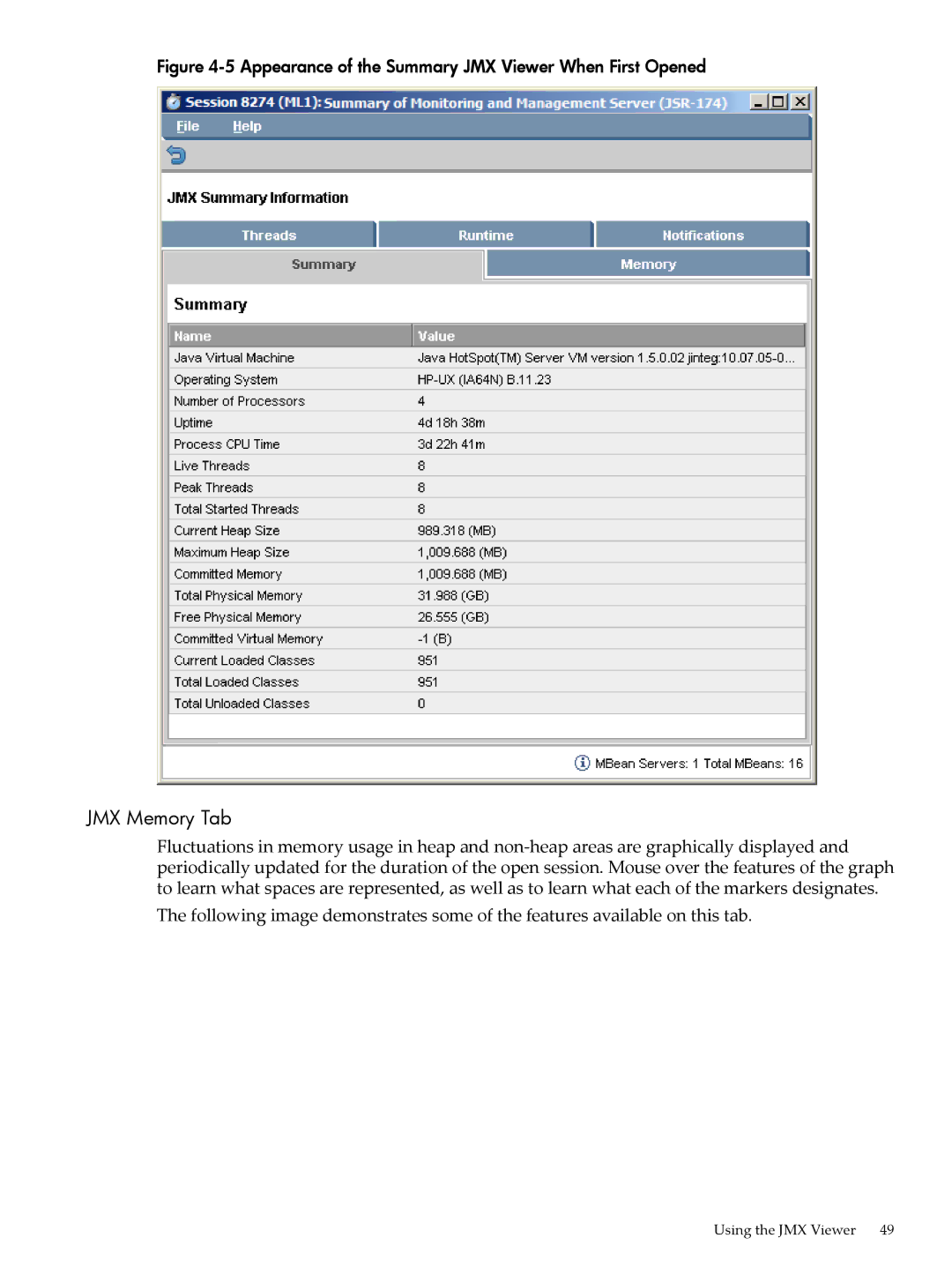 HP jmeter Software for -UX manual JMX Memory Tab, Appearance of the Summary JMX Viewer When First Opened 