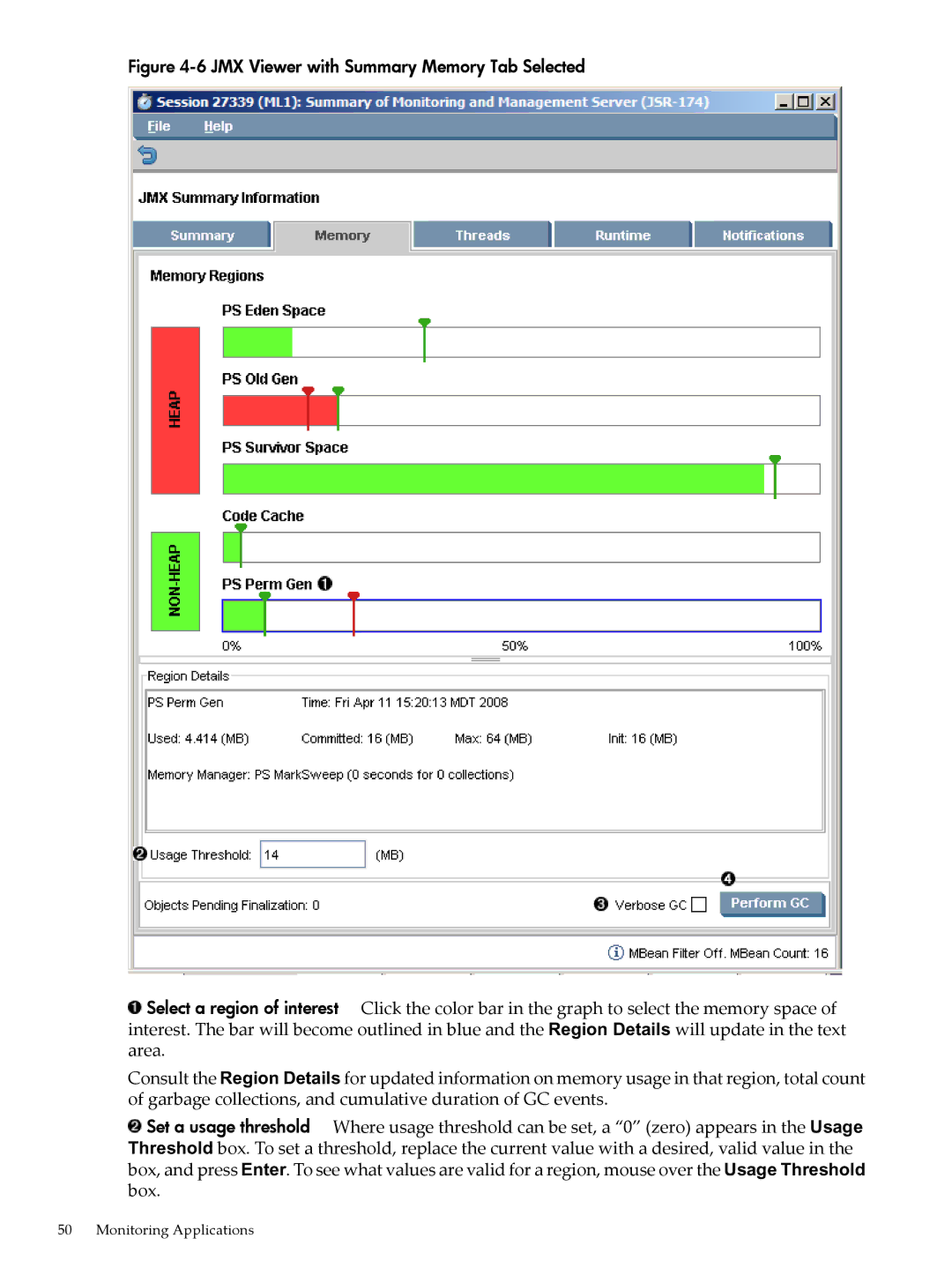 HP jmeter Software for -UX manual JMX Viewer with Summary Memory Tab Selected 