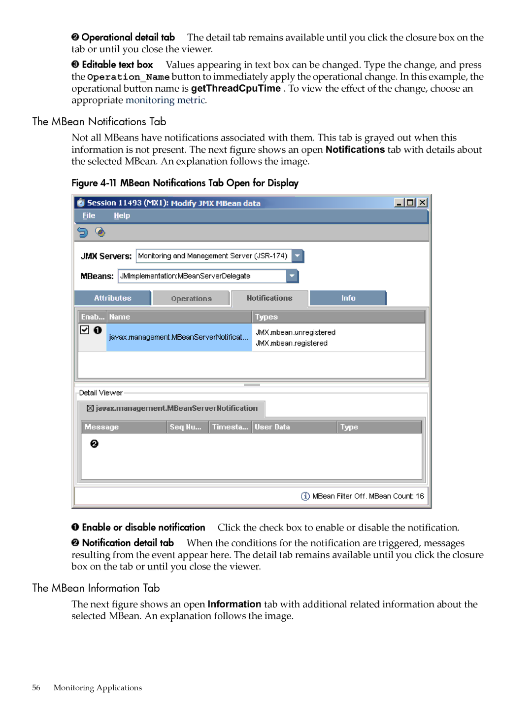 HP jmeter Software for -UX manual MBean Notifications Tab, MBean Information Tab 