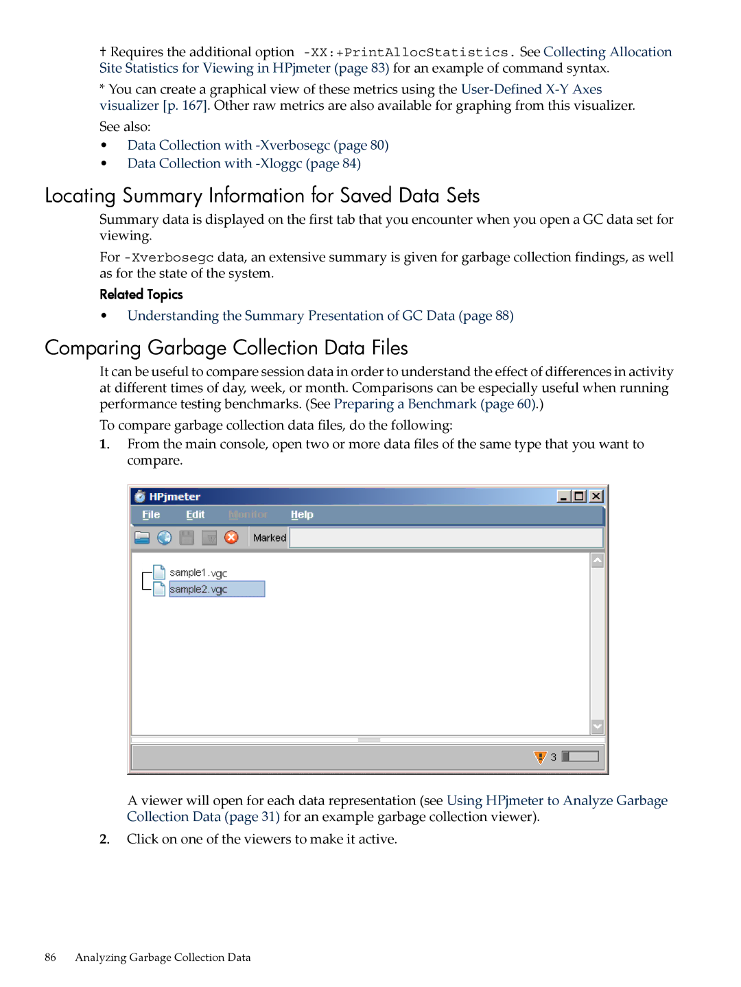 HP jmeter Software for -UX manual Locating Summary Information for Saved Data Sets, Comparing Garbage Collection Data Files 