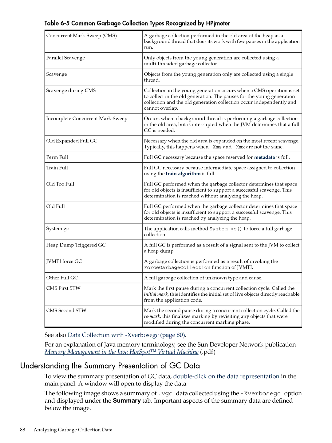 HP jmeter Software for -UX manual Understanding the Summary Presentation of GC Data 