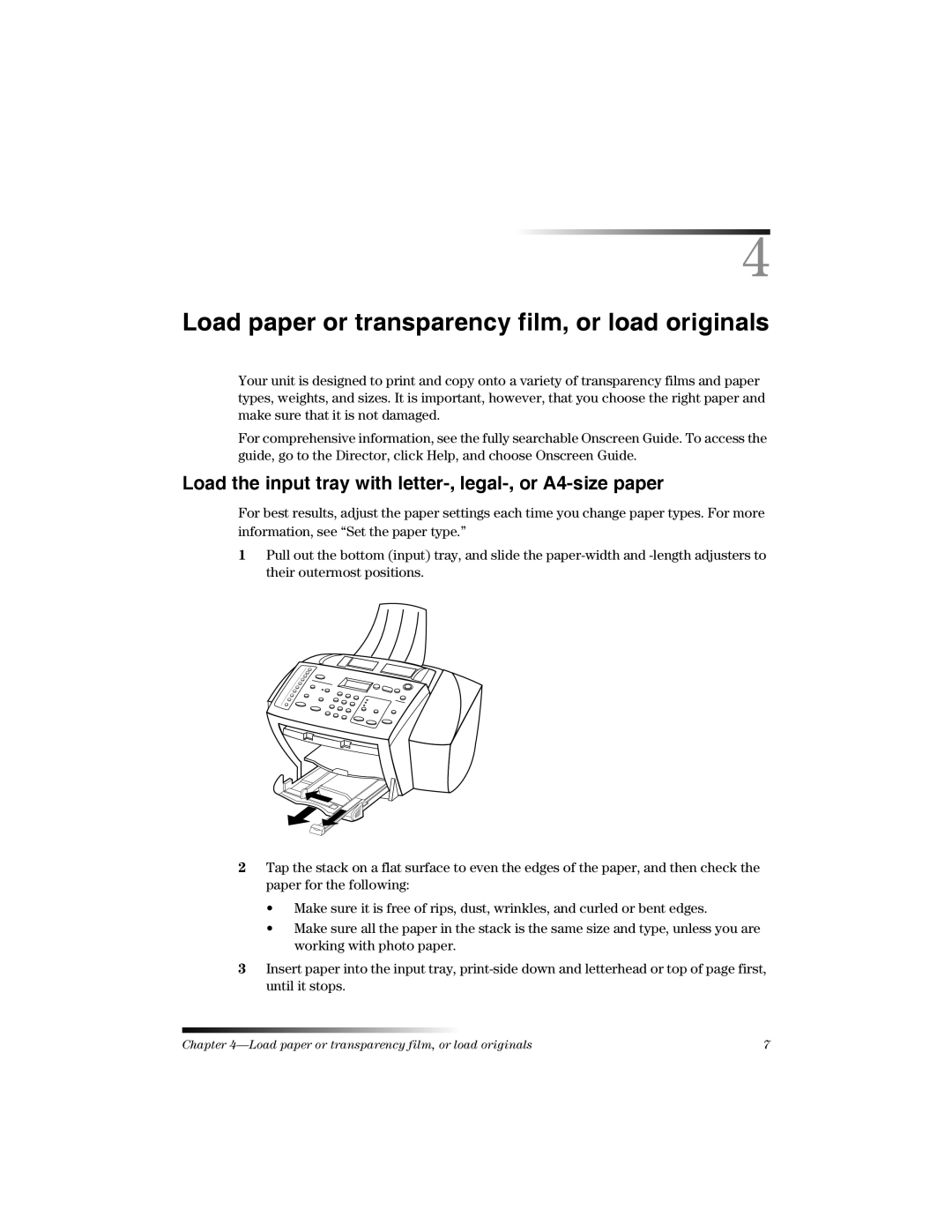 HP K manual Load paper or transparency film, or load originals, Load the input tray with letter-, legal-, or A4-size paper 