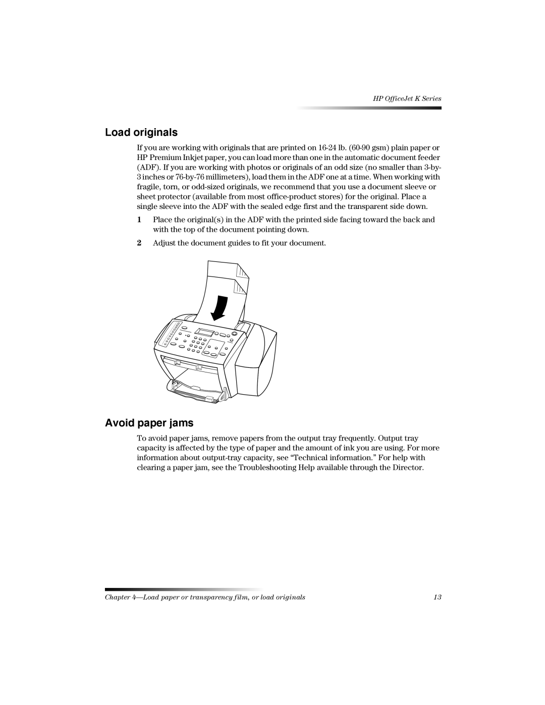 HP K manual Load originals, Avoid paper jams 