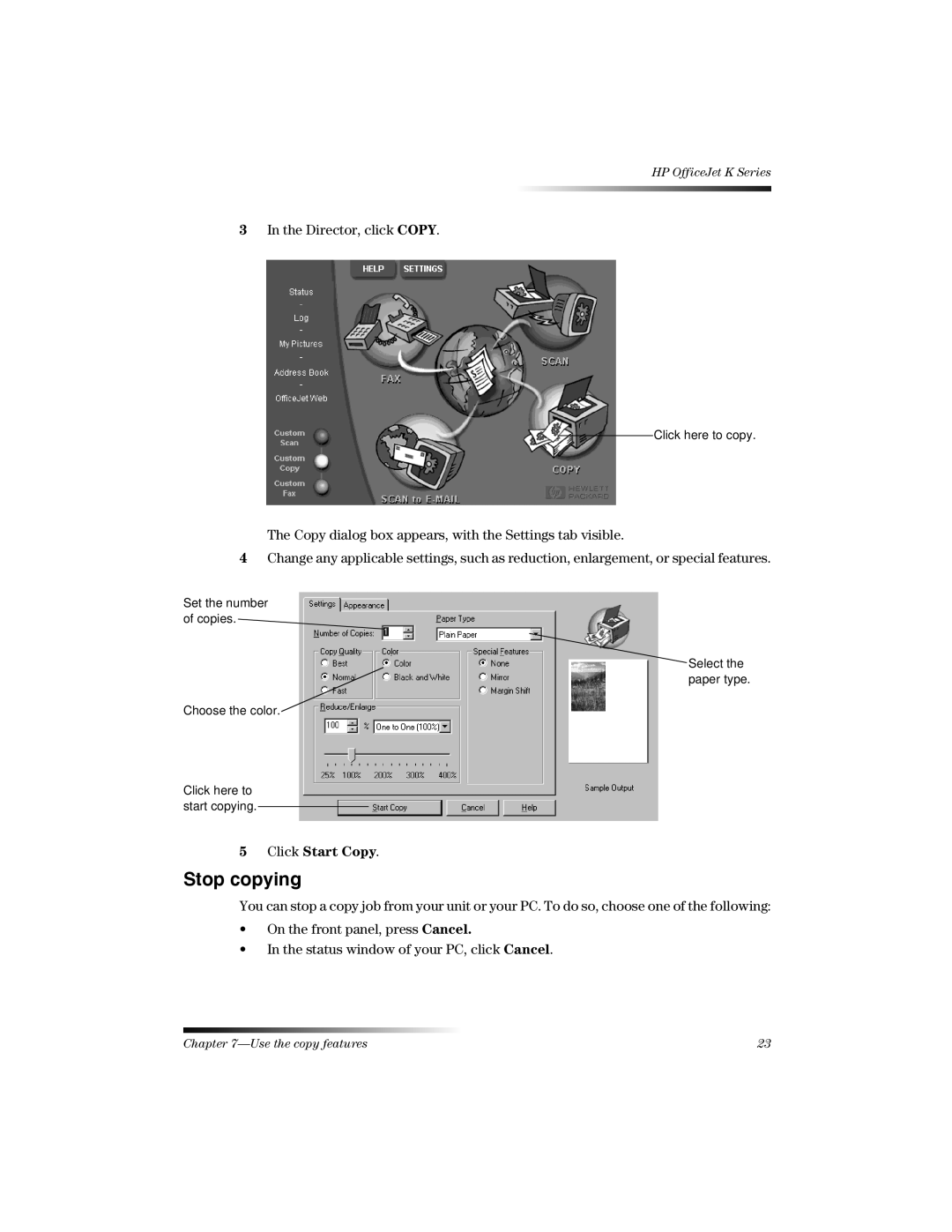 HP K manual Stop copying, Click Start Copy 