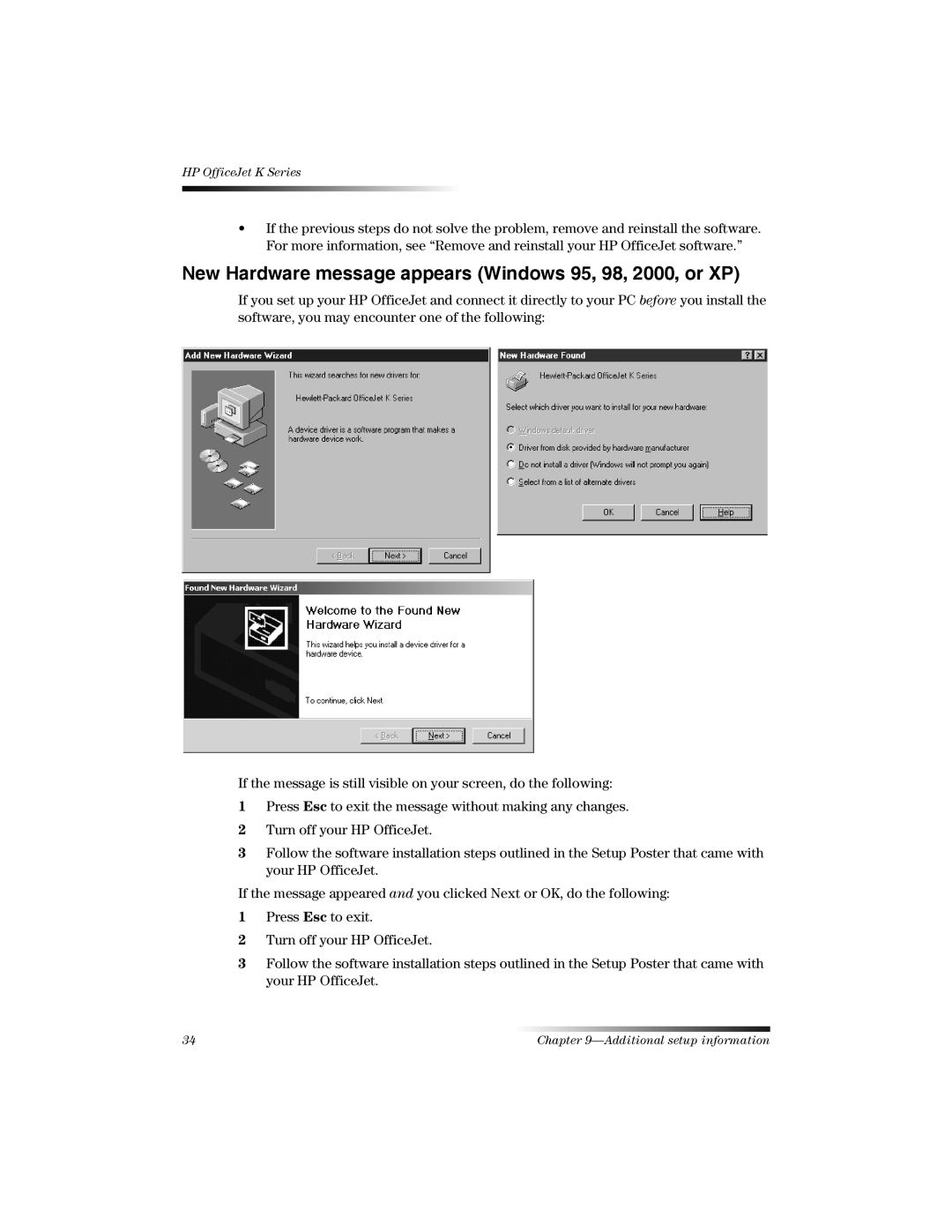 HP K manual New Hardware message appears Windows 95, 98, 2000, or XP 