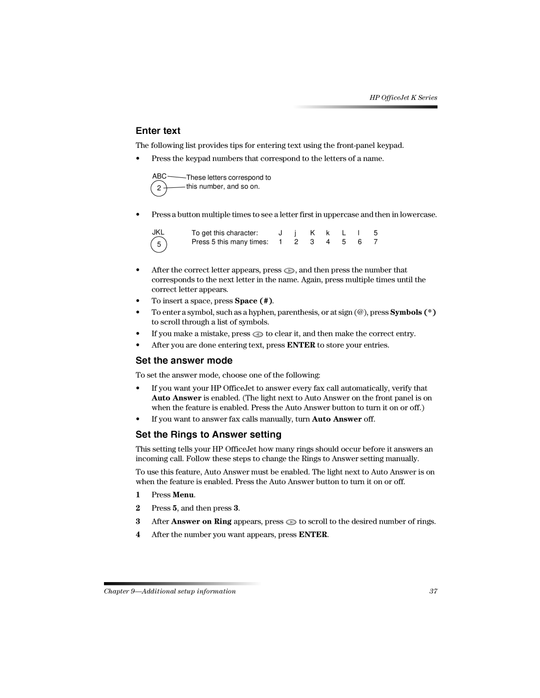 HP K manual Enter text, Set the answer mode, Set the Rings to Answer setting 