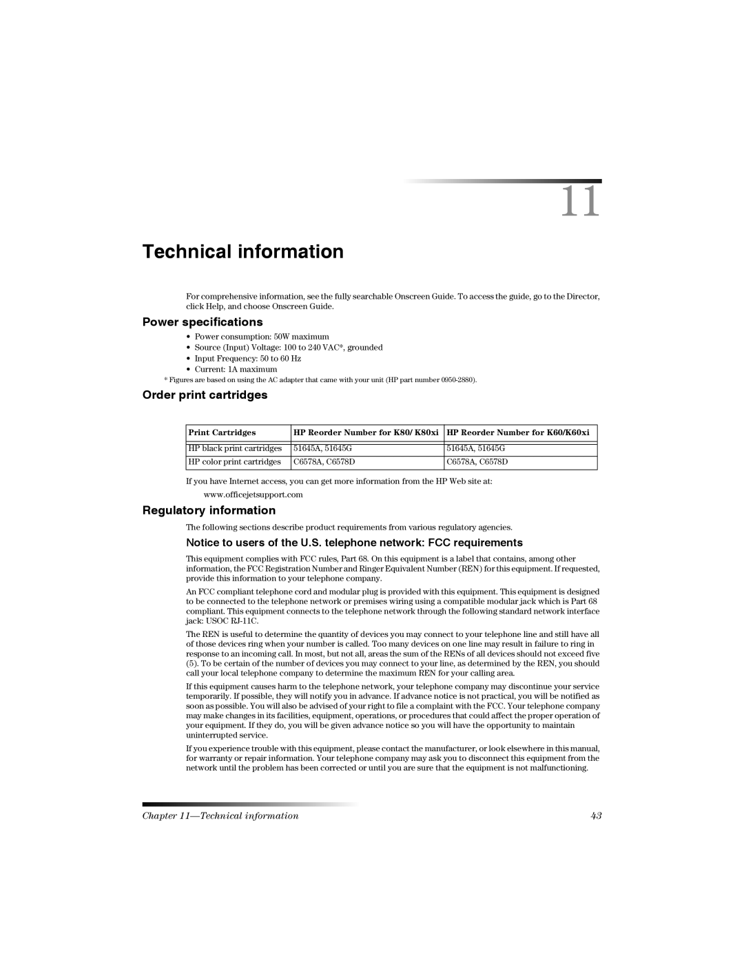 HP K manual Technical information, Power specifications 