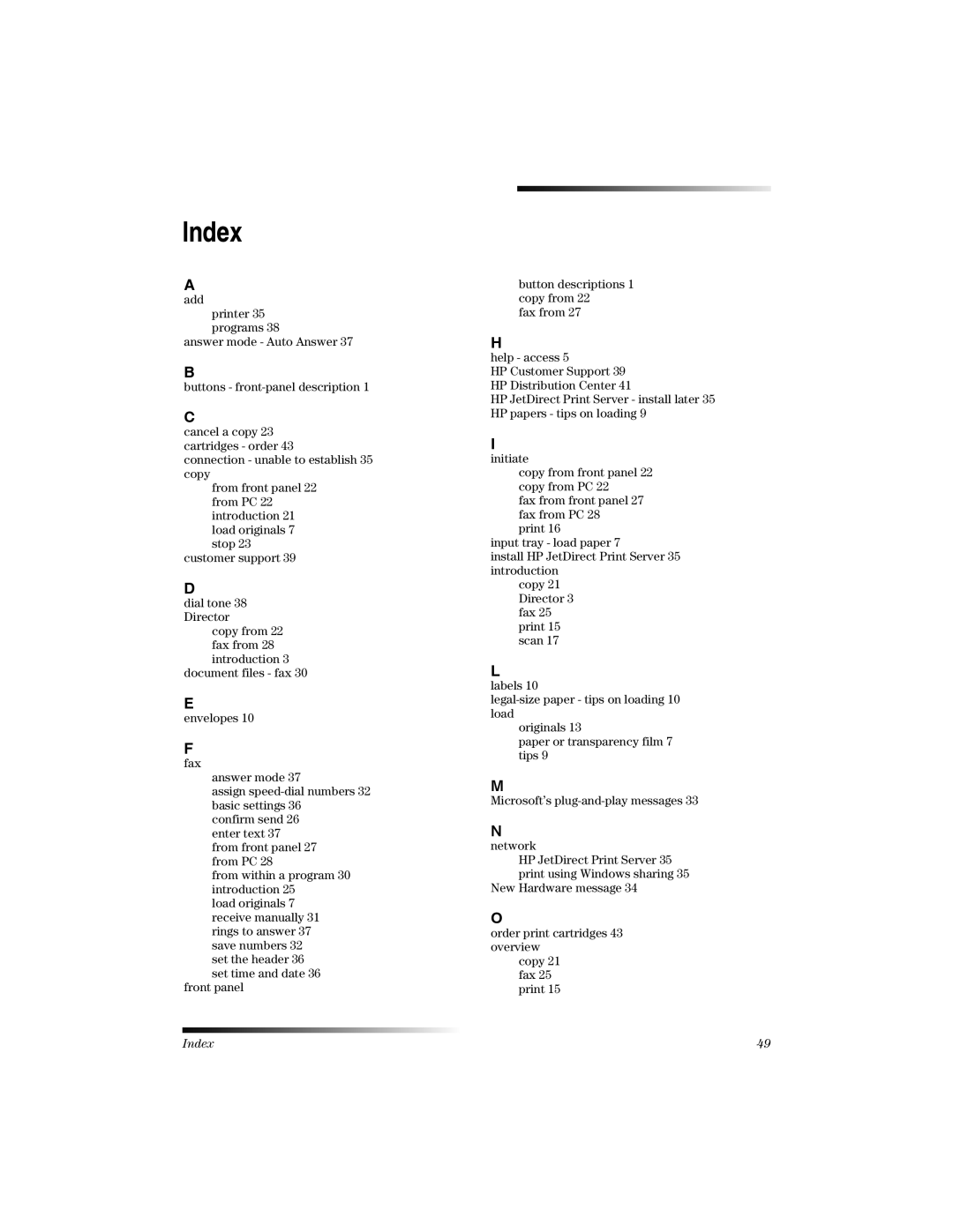 HP K manual Index 