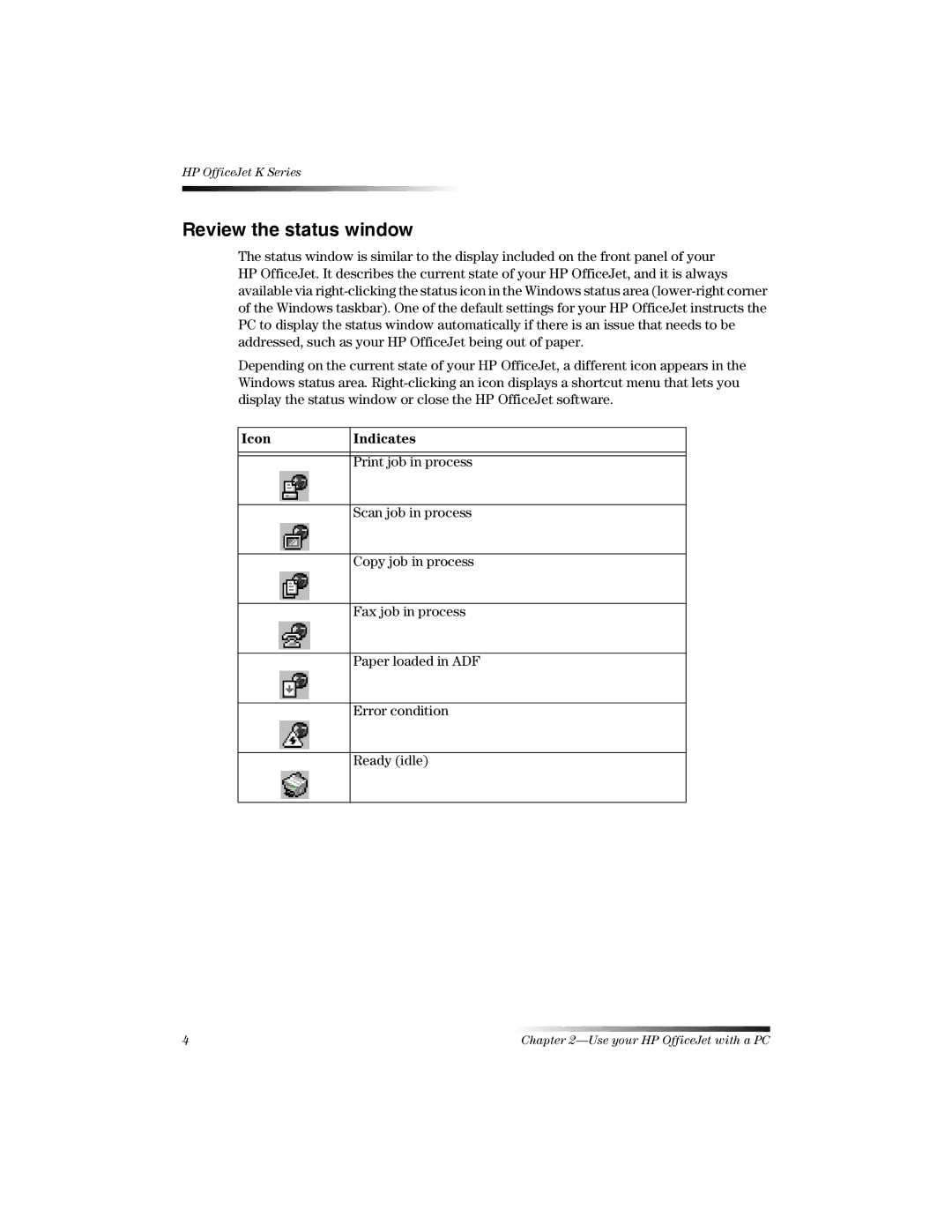 HP K manual Review the status window, Icon Indicates 