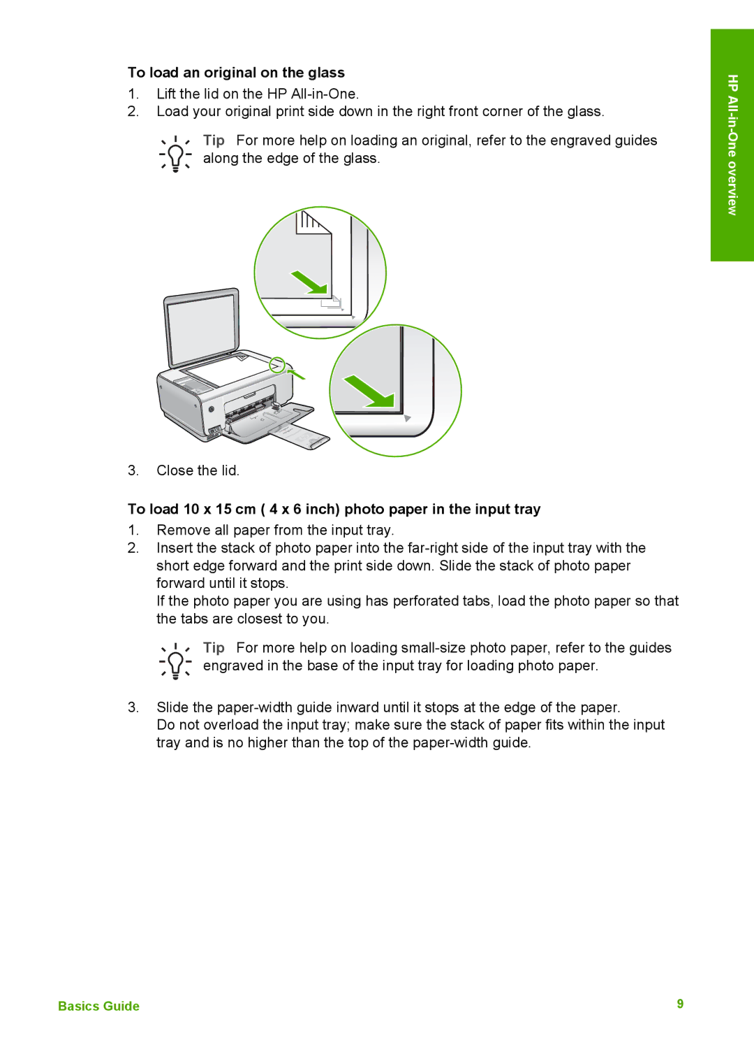 HP K510 manual To load an original on the glass, To load 10 x 15 cm 4 x 6 inch photo paper in the input tray 