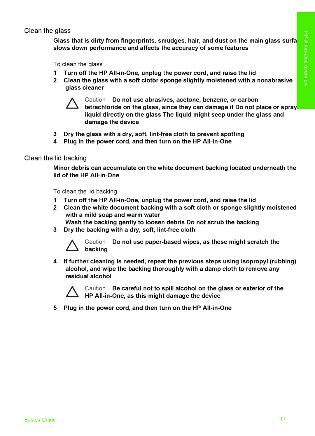 HP K510 manual To clean the glass, To clean the lid backing 