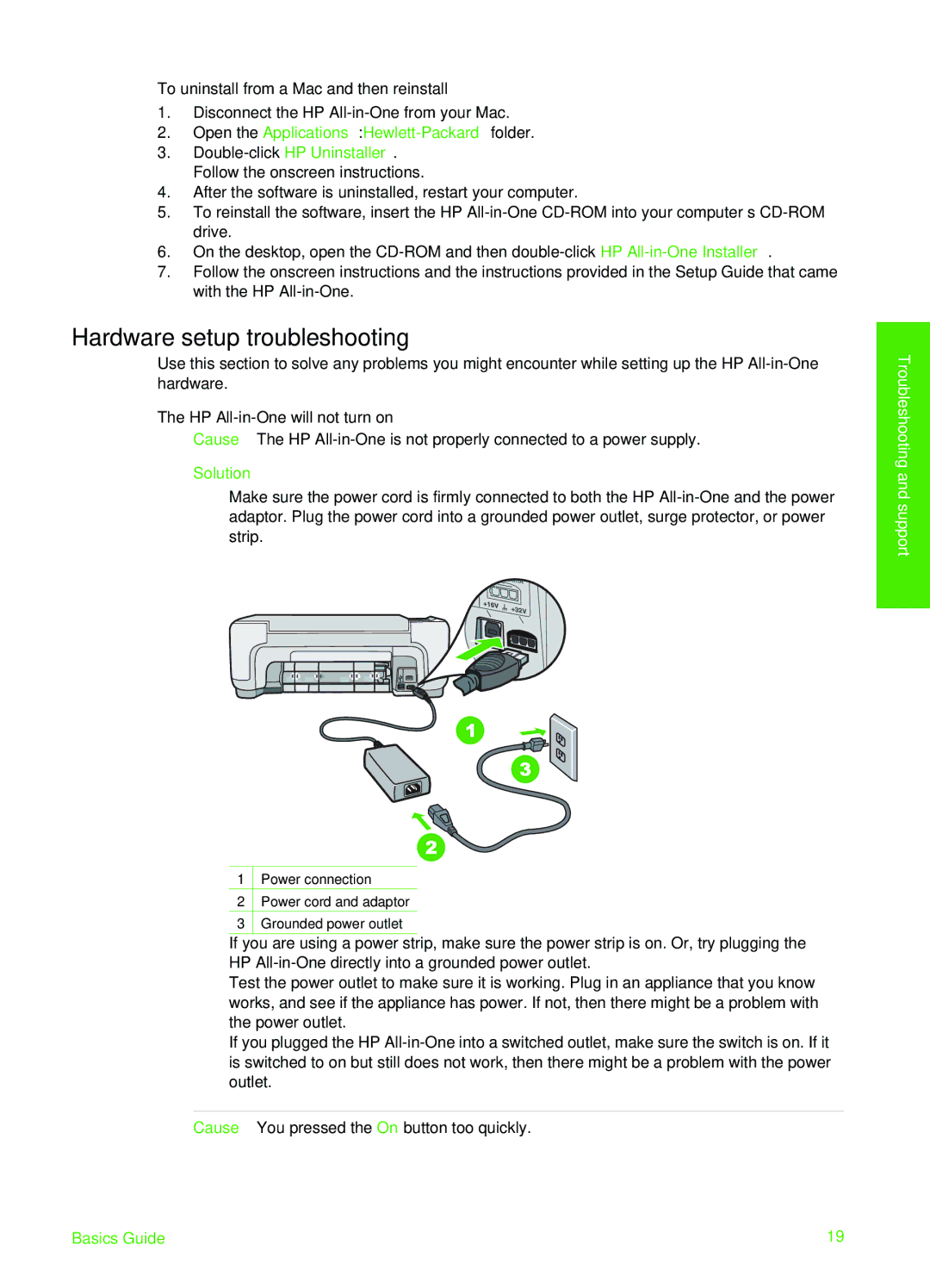 HP K510 manual Hardware setup troubleshooting, To uninstall from a Mac and then reinstall, HP All-in-One will not turn on 