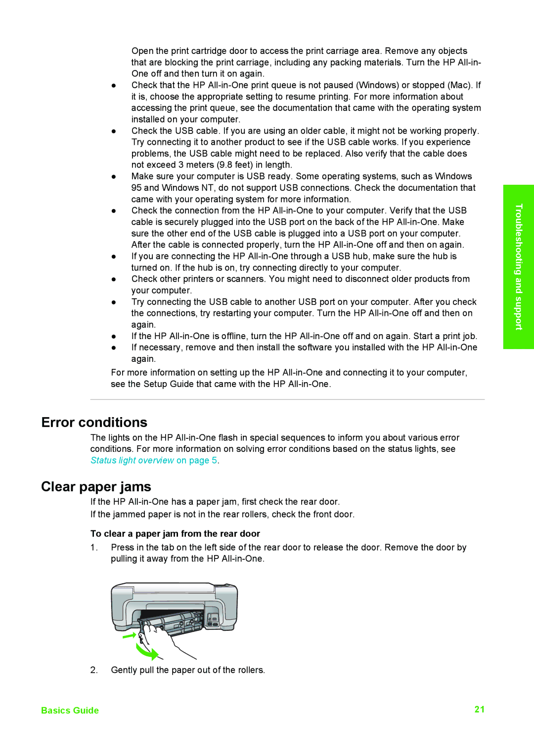 HP K510 manual Error conditions, Clear paper jams, To clear a paper jam from the rear door 