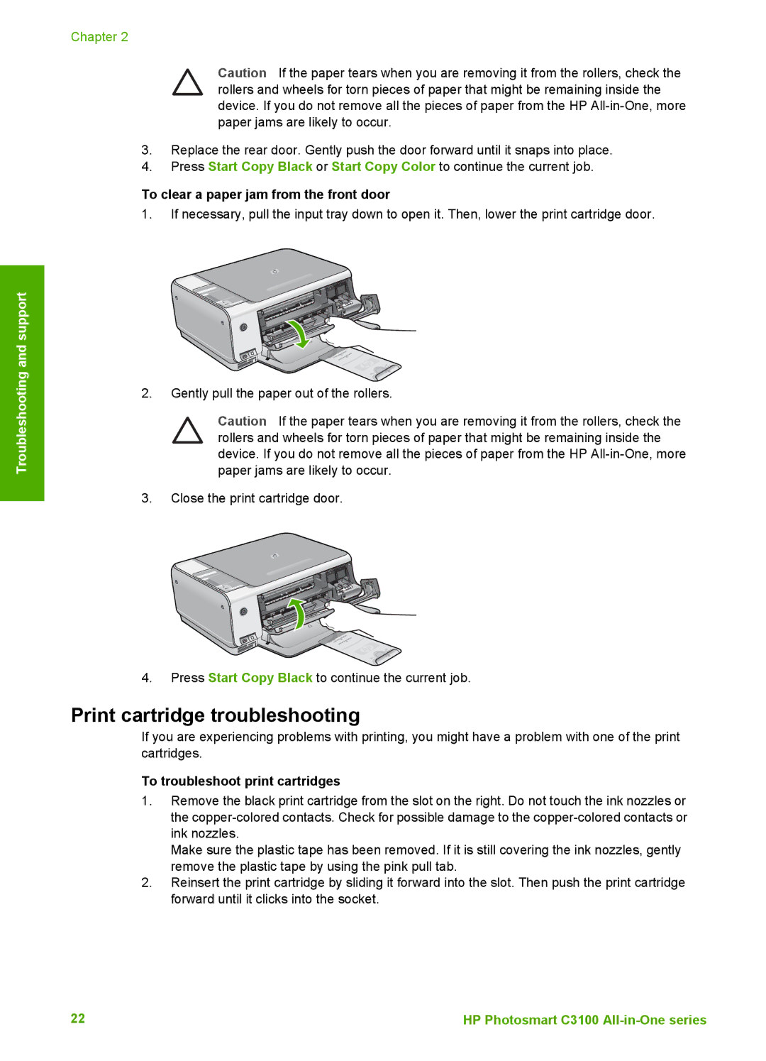 HP K510 manual Print cartridge troubleshooting, To clear a paper jam from the front door, To troubleshoot print cartridges 