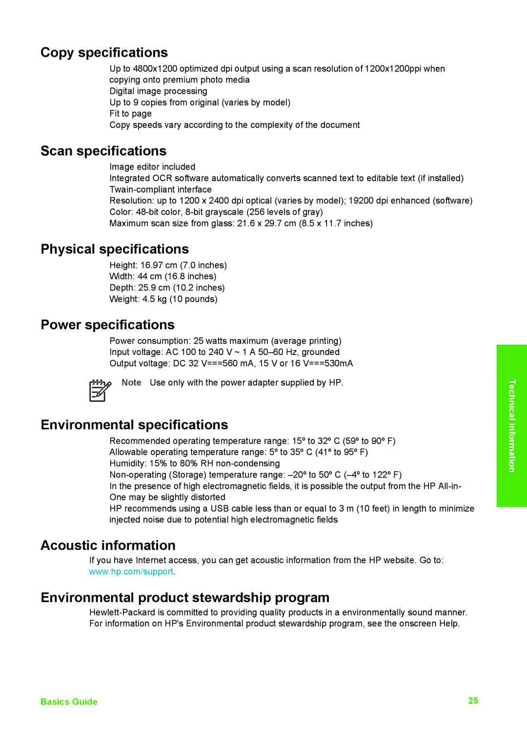 HP K510 manual Copy specifications, Scan specifications, Physical specifications, Power specifications 