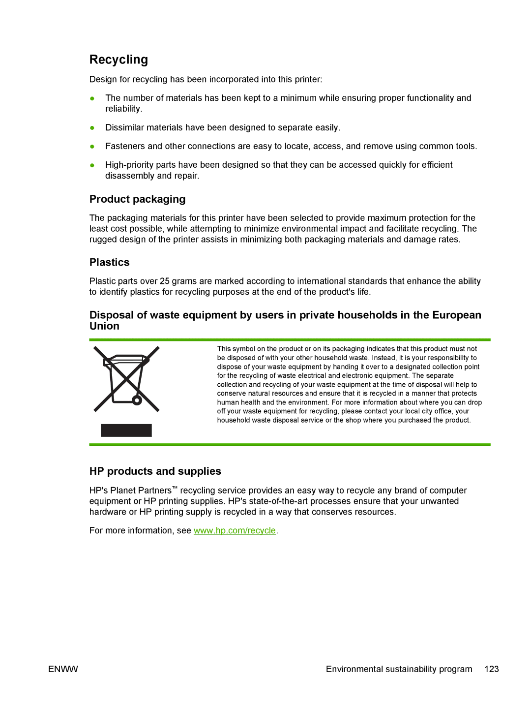 HP K550 manual Recycling, Product packaging, Plastics, HP products and supplies 