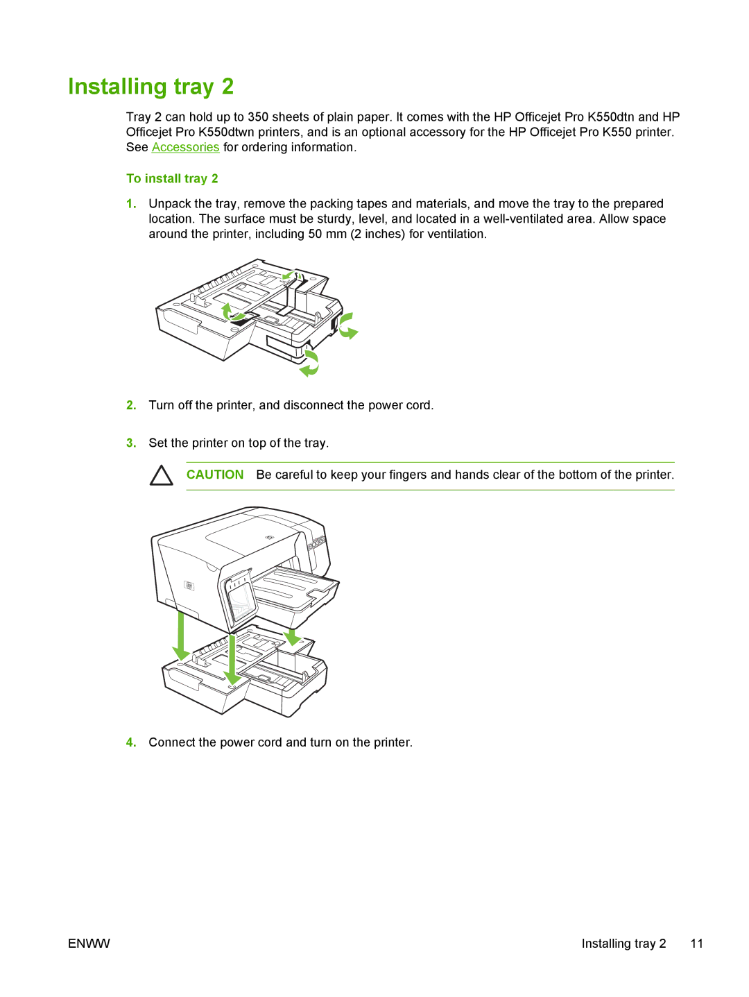 HP K550 manual Installing tray, To install tray 