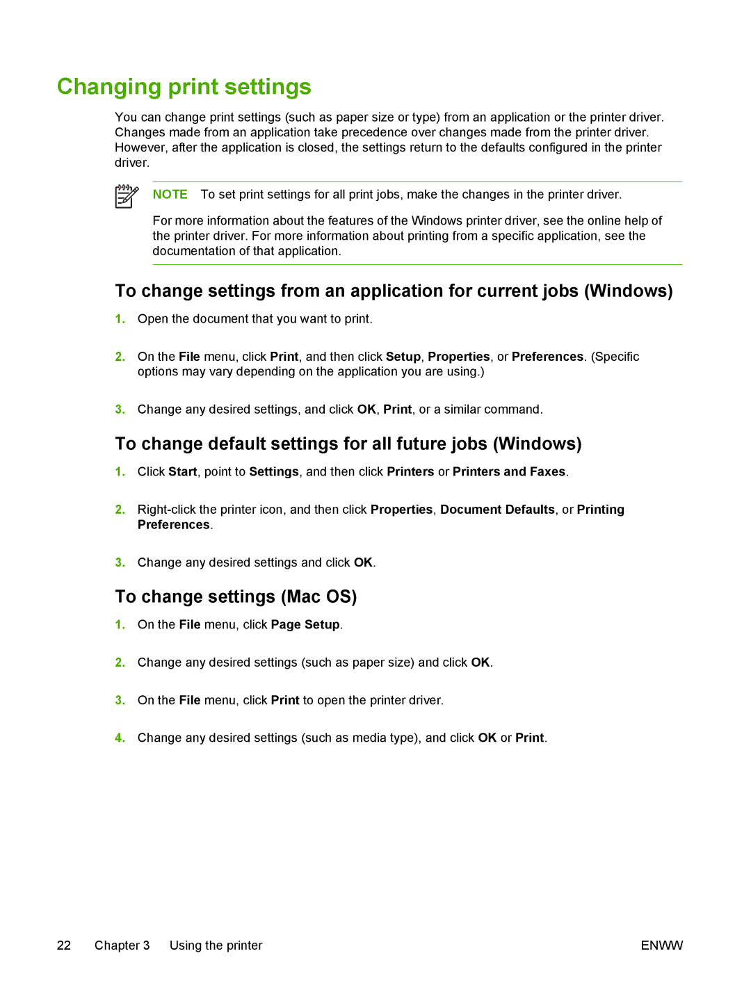 HP K550 manual Changing print settings, To change default settings for all future jobs Windows, To change settings Mac OS 