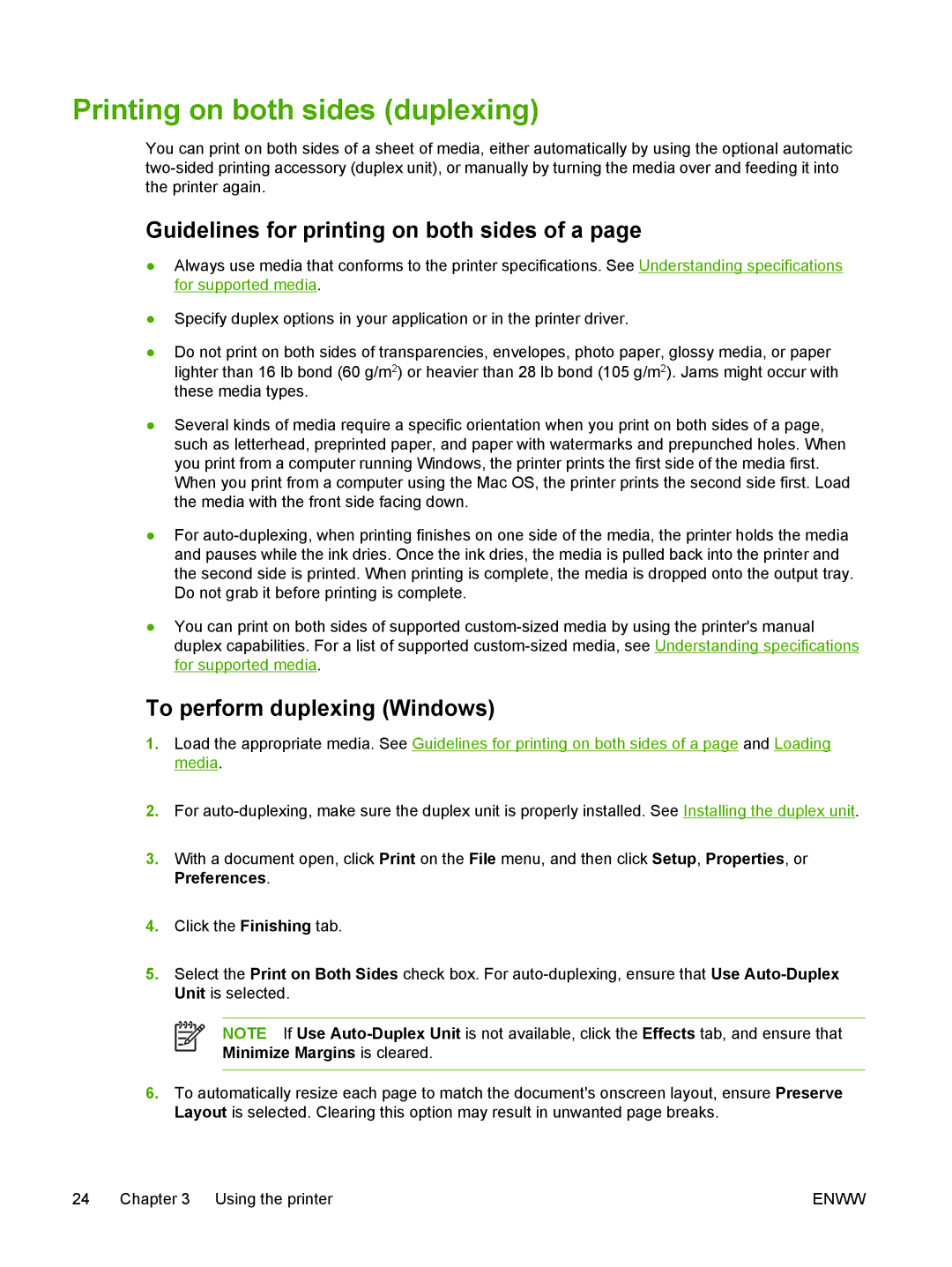 HP K550 manual Printing on both sides duplexing, Guidelines for printing on both sides of a, To perform duplexing Windows 