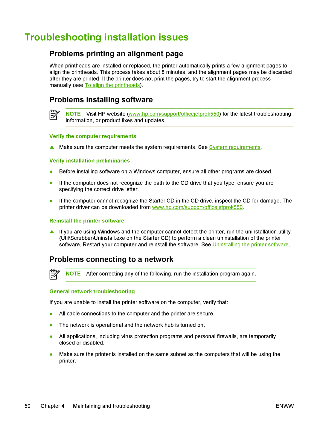 HP K550 manual Troubleshooting installation issues, Problems printing an alignment, Problems installing software 