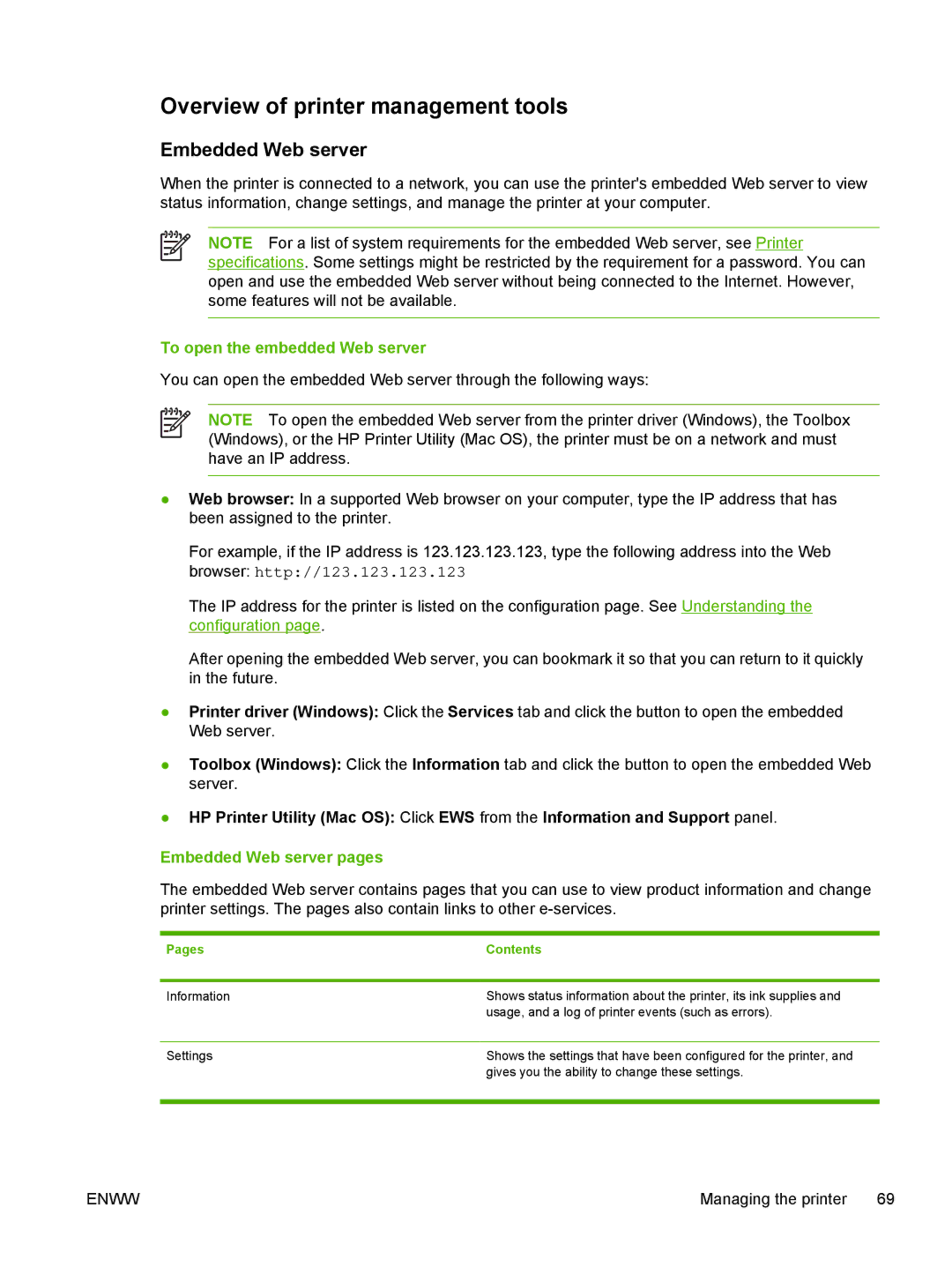 HP K550 manual Overview of printer management tools, Embedded Web server, To open the embedded Web server, Pages Contents 