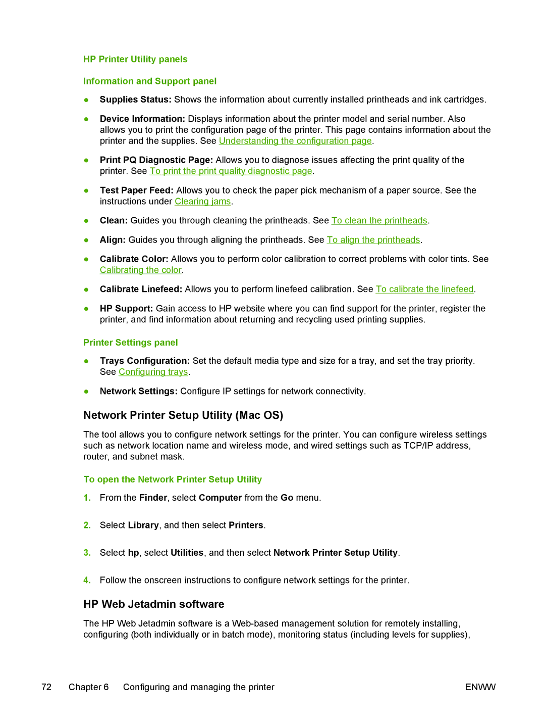 HP K550 manual Network Printer Setup Utility Mac OS, HP Web Jetadmin software, Printer Settings panel 