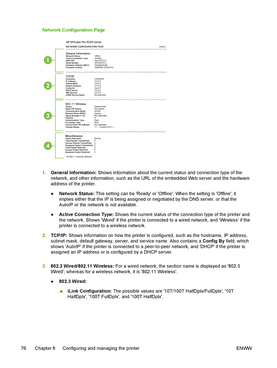 HP K550 manual Network Configuration, Wired 