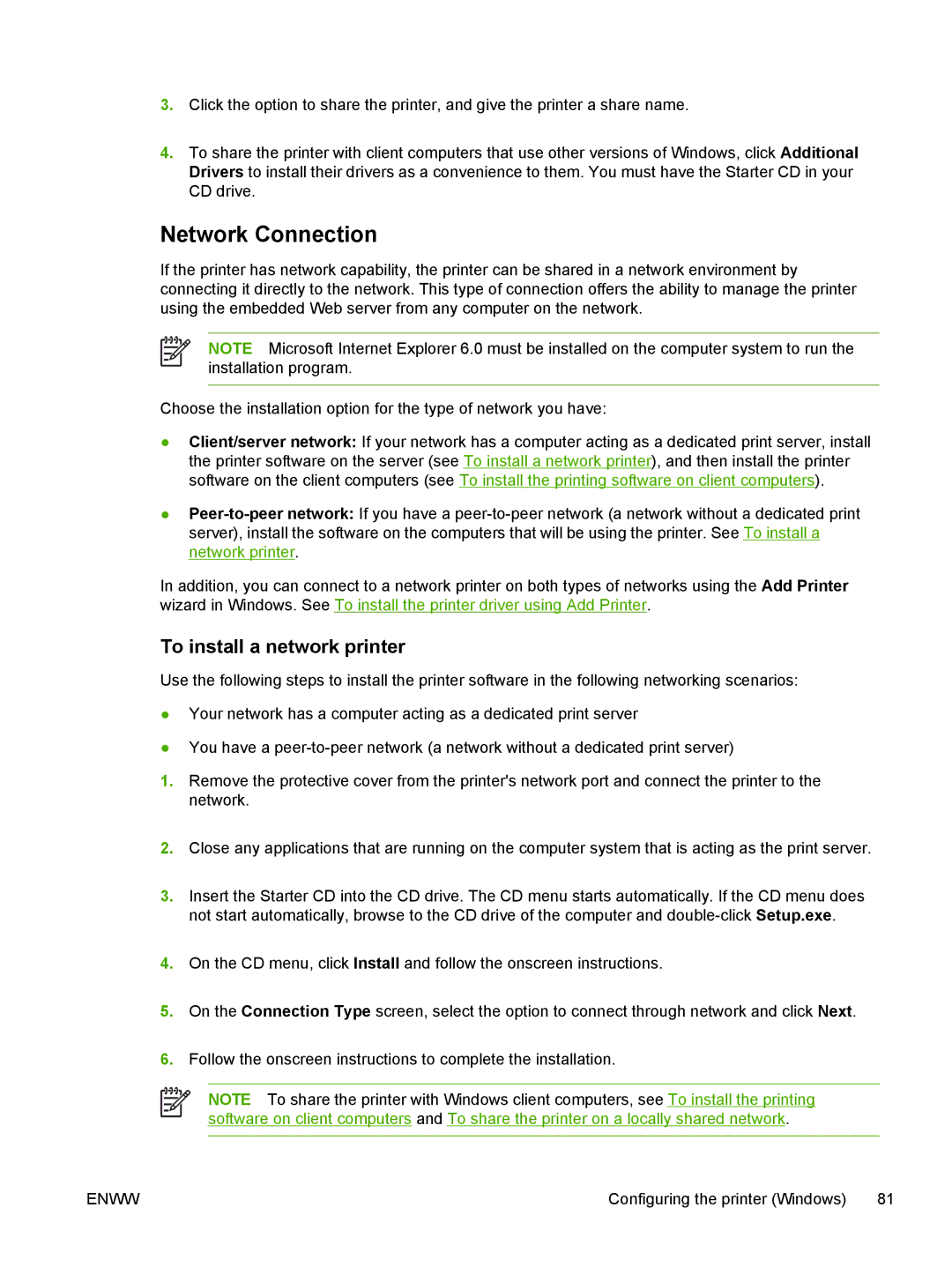 HP K550 manual Network Connection, To install a network printer 