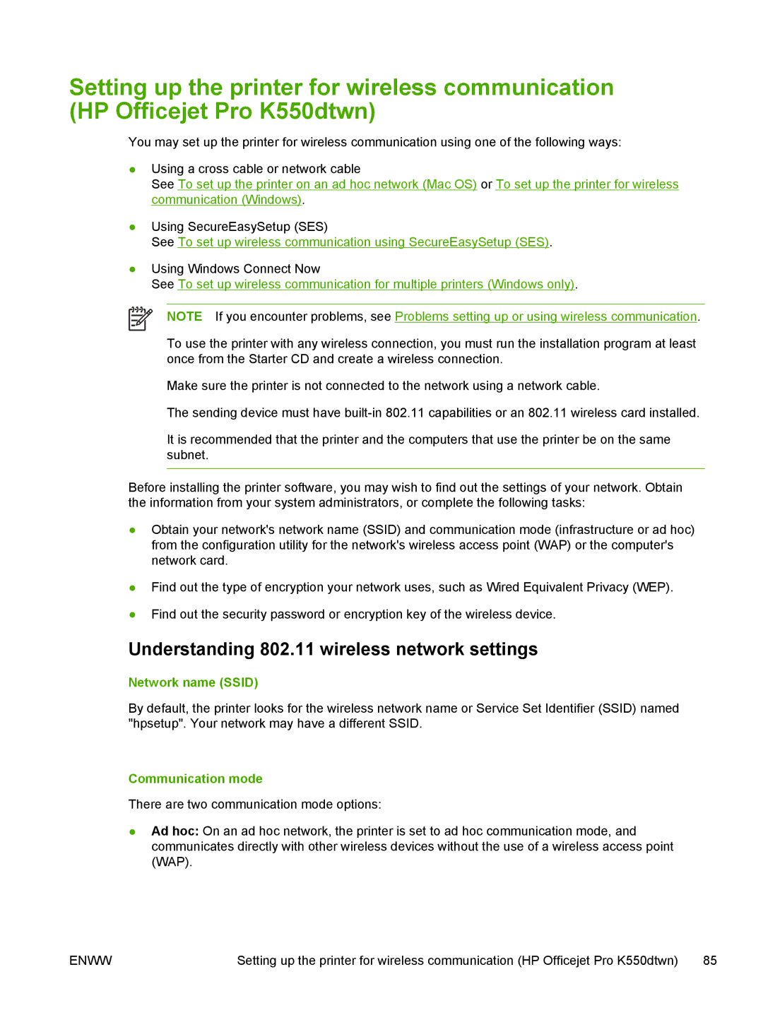 HP K550 manual Understanding 802.11 wireless network settings, Network name Ssid, Communication mode 
