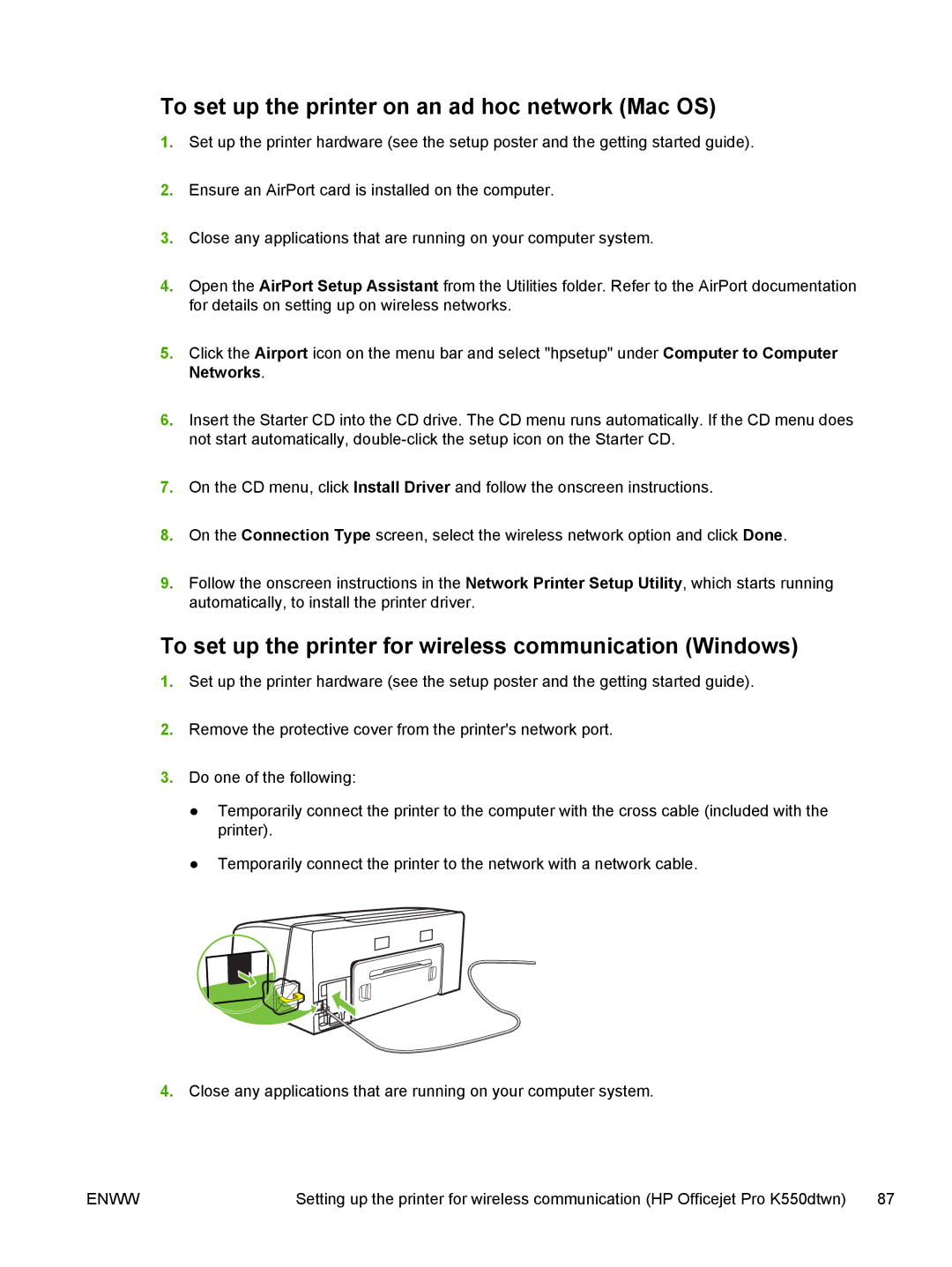 HP K550 manual To set up the printer on an ad hoc network Mac OS, To set up the printer for wireless communication Windows 