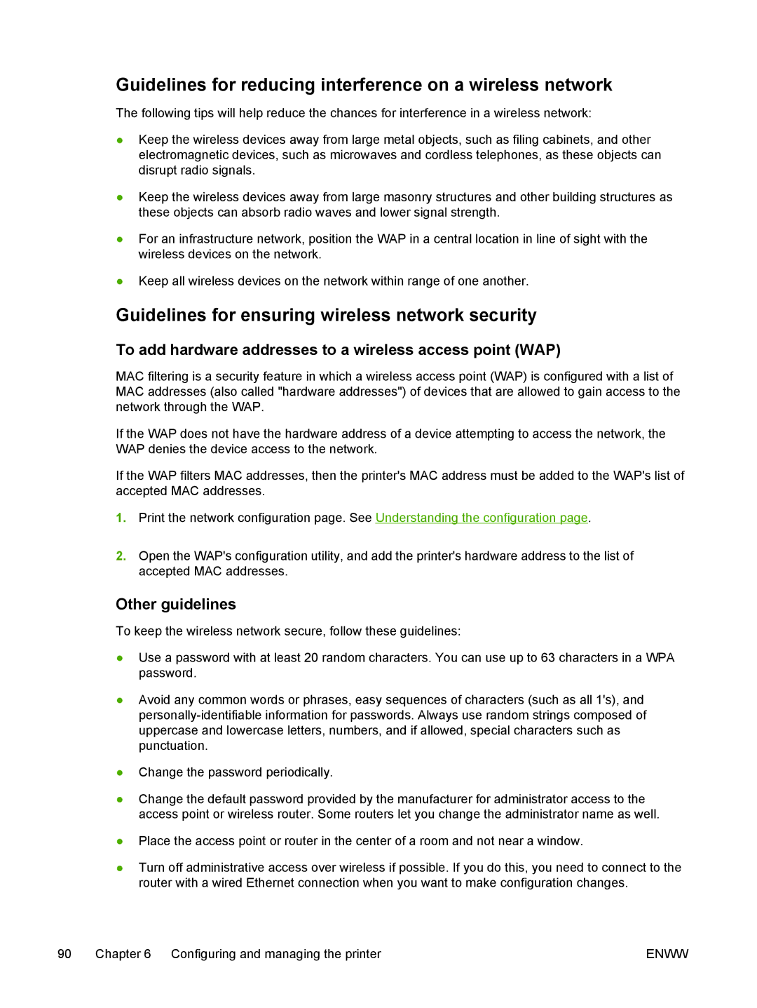 HP K550 Guidelines for reducing interference on a wireless network, Guidelines for ensuring wireless network security 