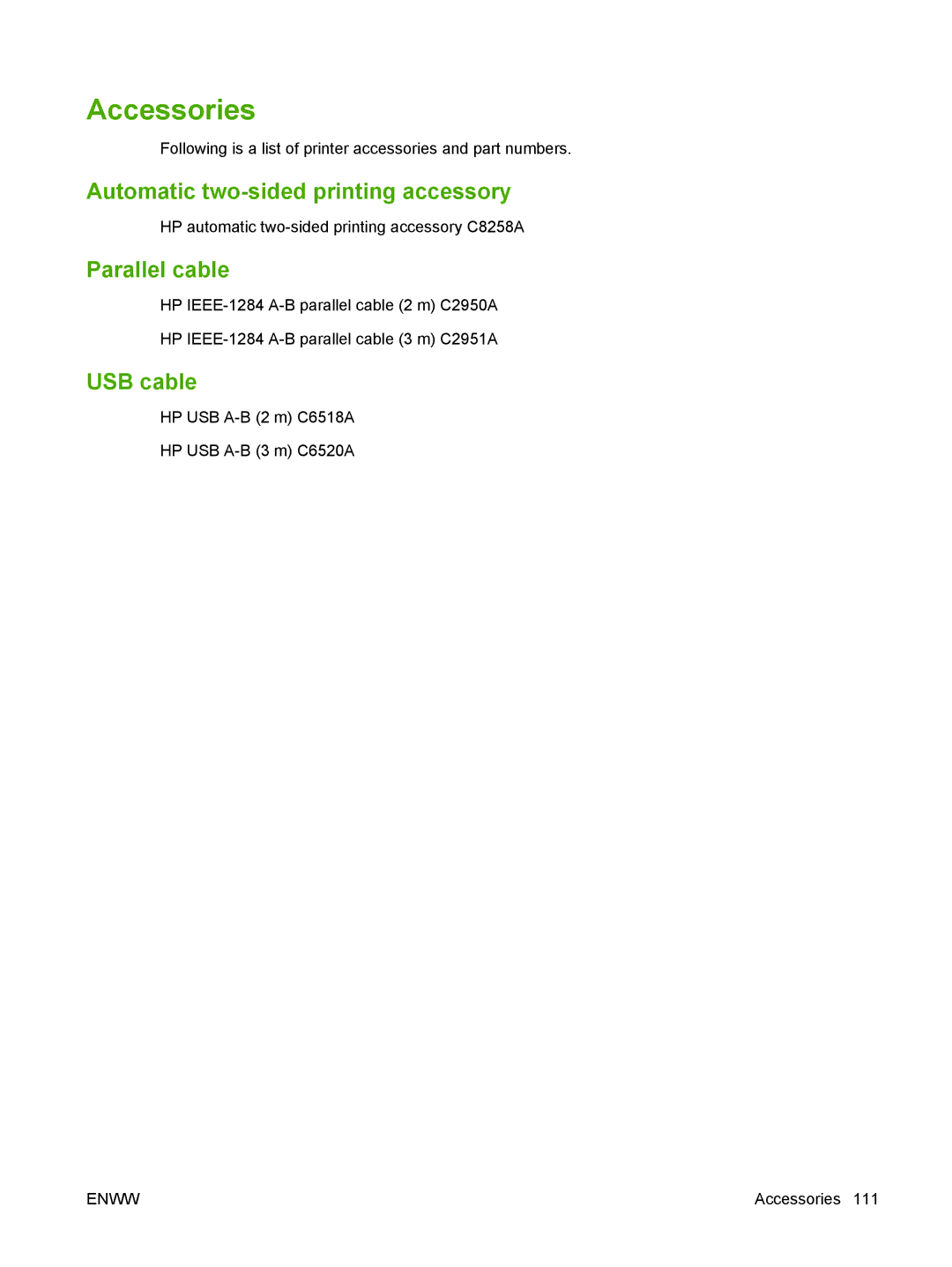 HP K7100 manual Accessories, Automatic two-sided printing accessory, Parallel cable, USB cable 