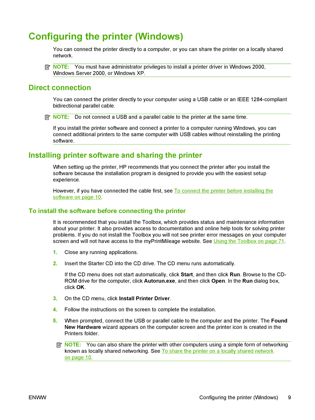 HP K7100 manual Configuring the printer Windows, Direct connection, Installing printer software and sharing the printer 