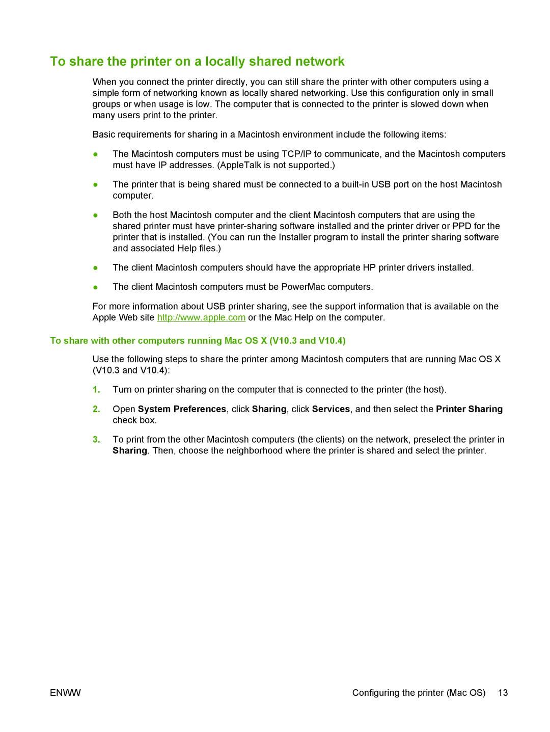 HP K7100 manual To share the printer on a locally shared network, To share with other computers running Mac OS X V10.3 