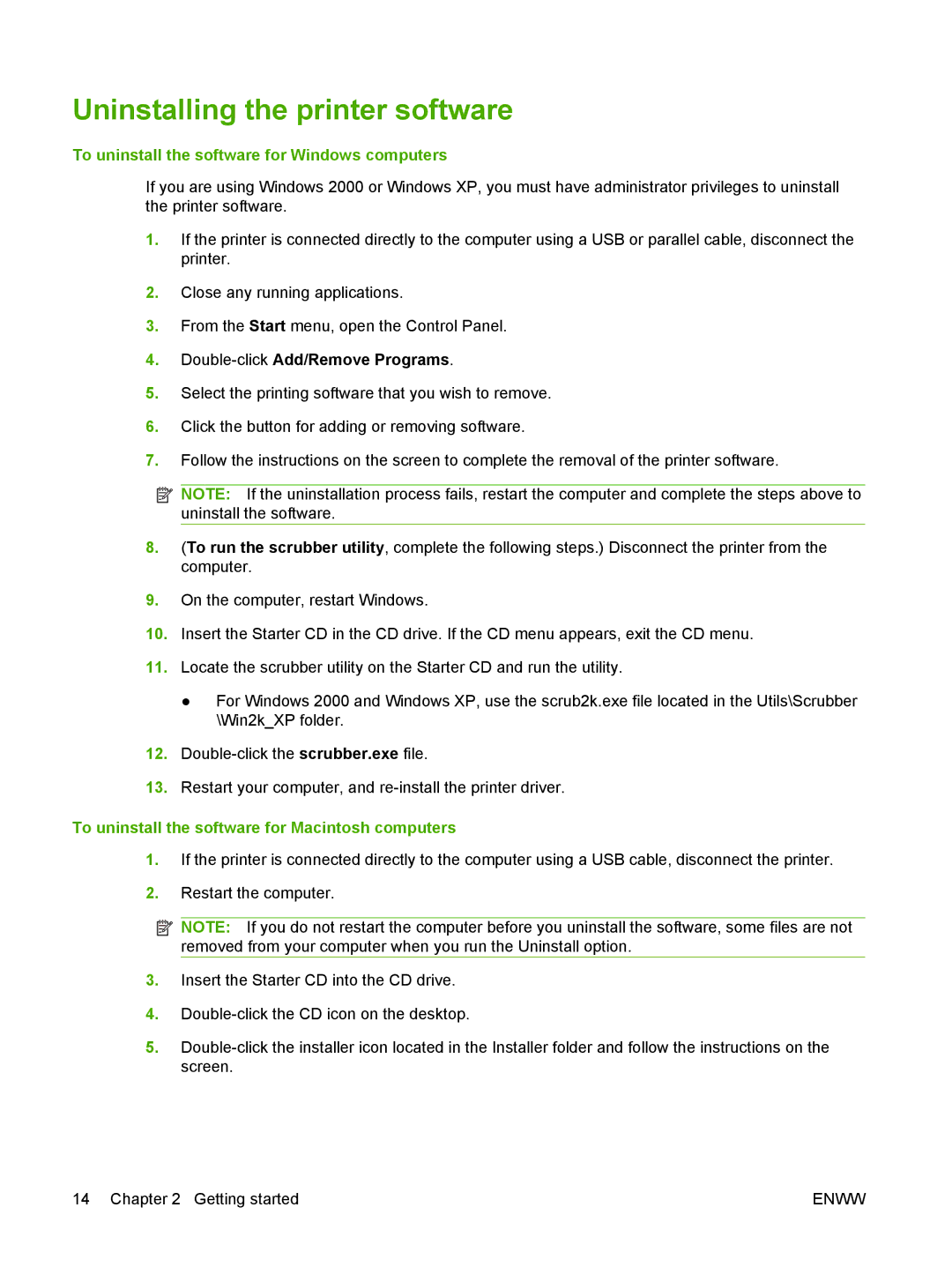 HP K7100 manual Uninstalling the printer software, To uninstall the software for Windows computers 