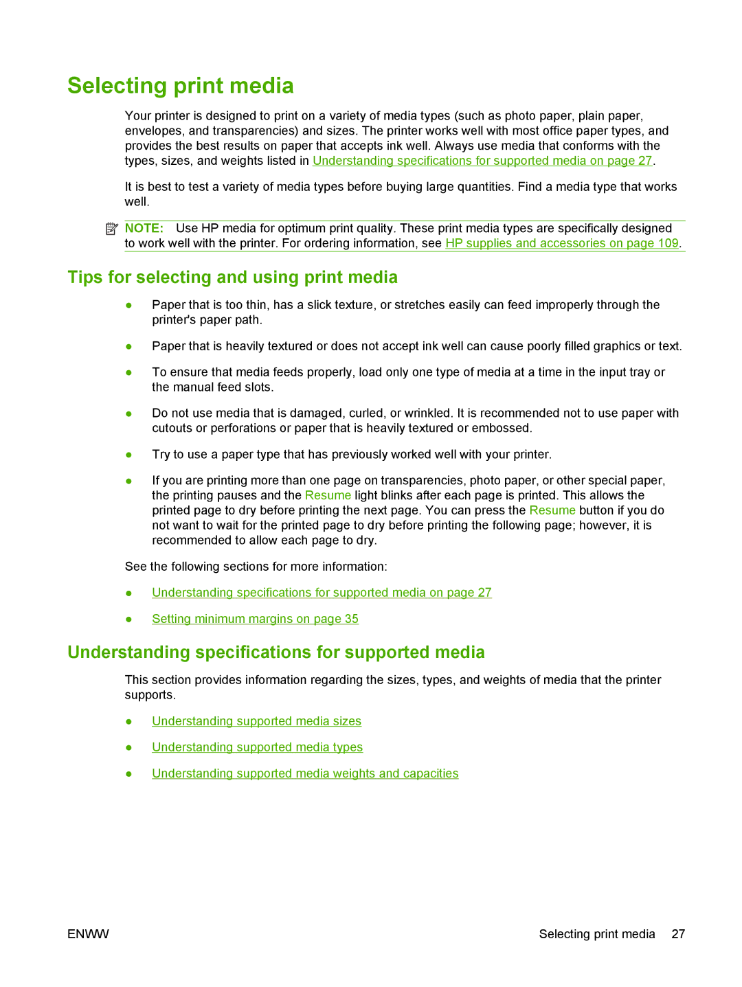 HP K7100 Selecting print media, Tips for selecting and using print media, Understanding specifications for supported media 