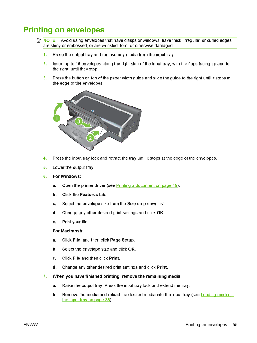 HP K7100 Printing on envelopes, For Windows, For Macintosh, When you have finished printing, remove the remaining media 