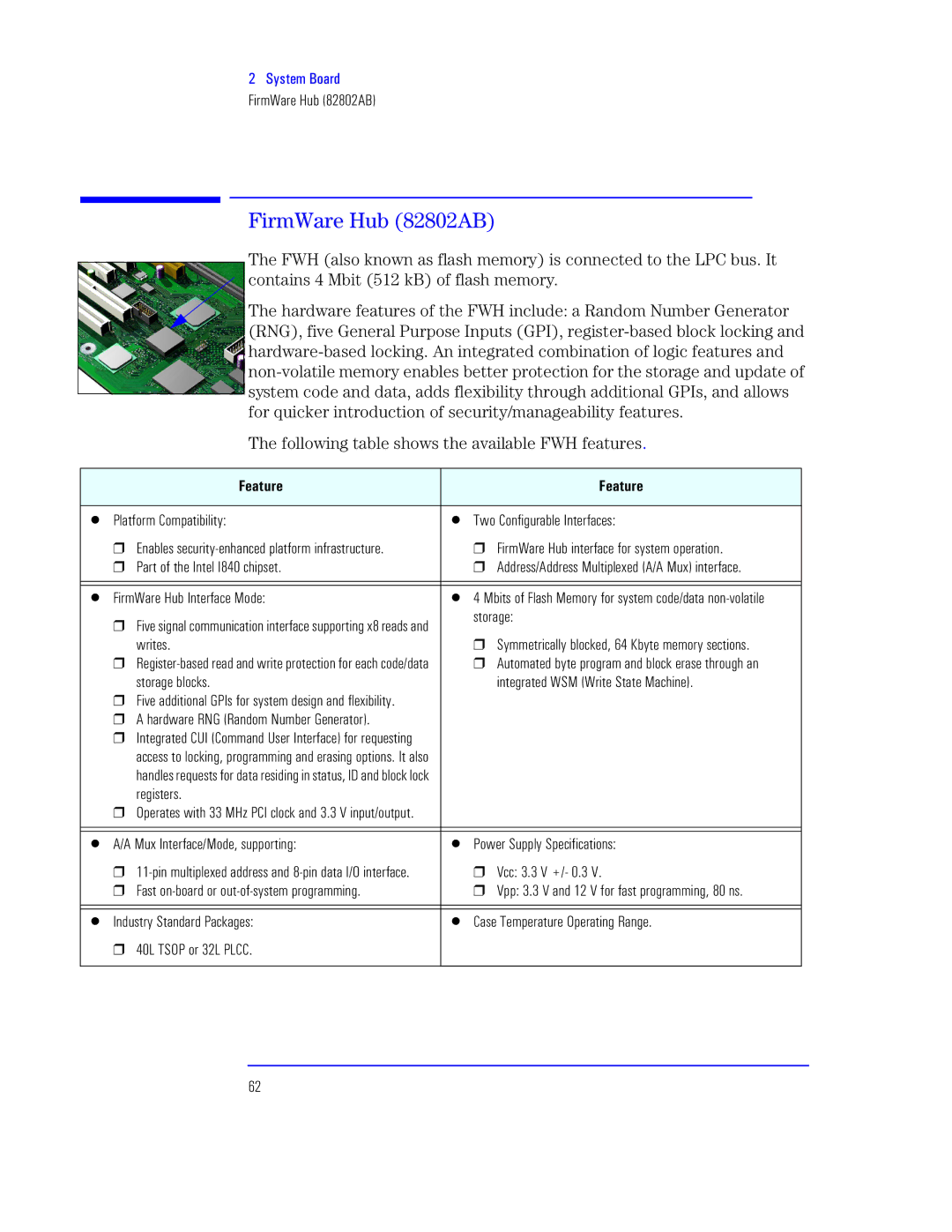 HP KAYAK XU800 manual Vpz XG9AQR2, Following table shows the available FWH features 