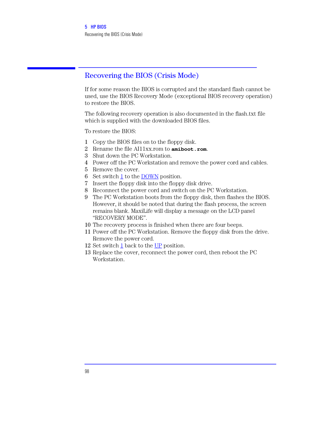 HP KAYAK XU800 manual Ragl 1Se2, Recovering the Bios Crisis Mode 