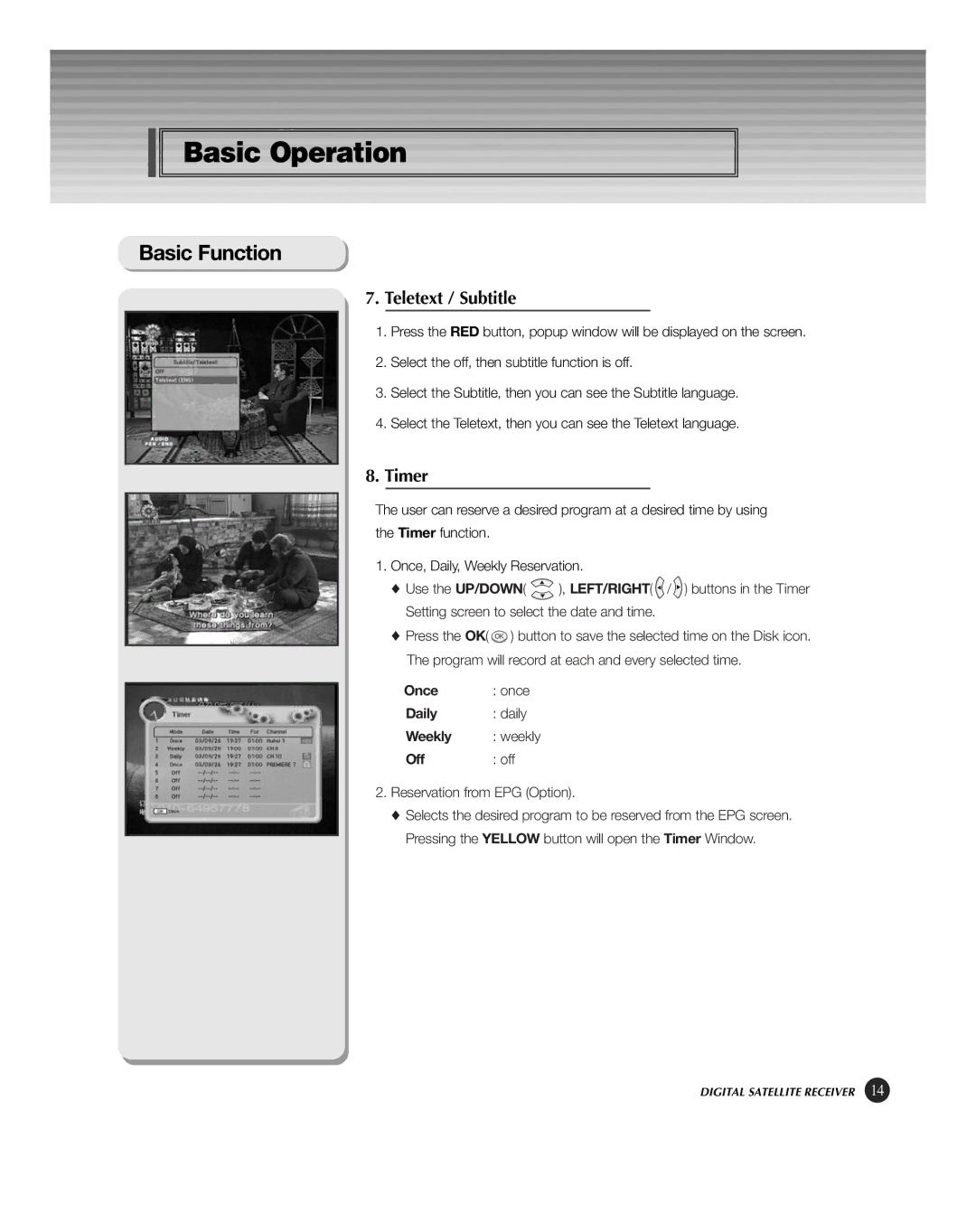 HP KSC-570 manual Teletext / Subtitle, Timer, Once Daily Weekly, Off 