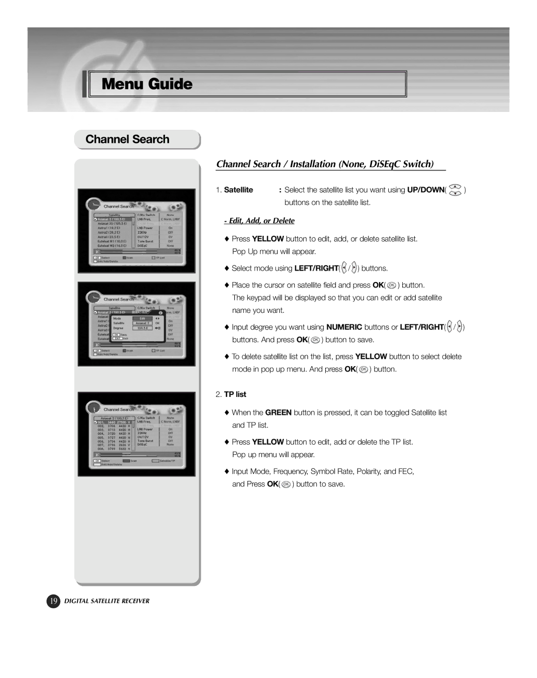 HP KSC-570 manual Channel Search / Installation None, DiSEqC Switch, Satellite, TP list 