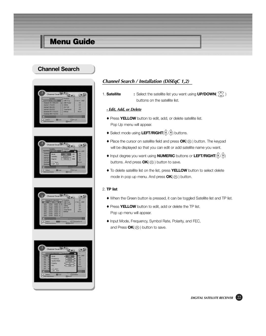 HP KSC-570 manual Channel Search / Installation DiSEqC 1,2, Satellite 