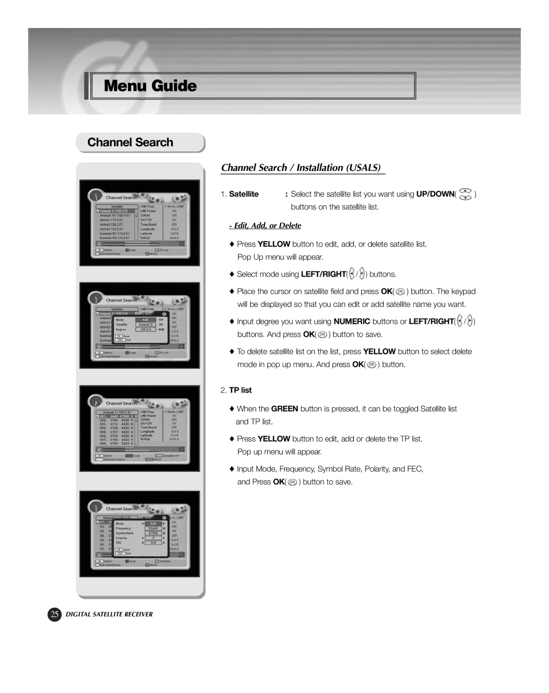 HP KSC-570 manual Channel Search / Installation Usals, Satellite 