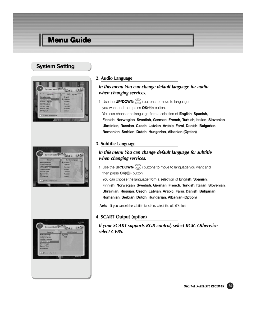 HP KSC-570 manual Audio Language, Subtitle Language, Scart Output option 