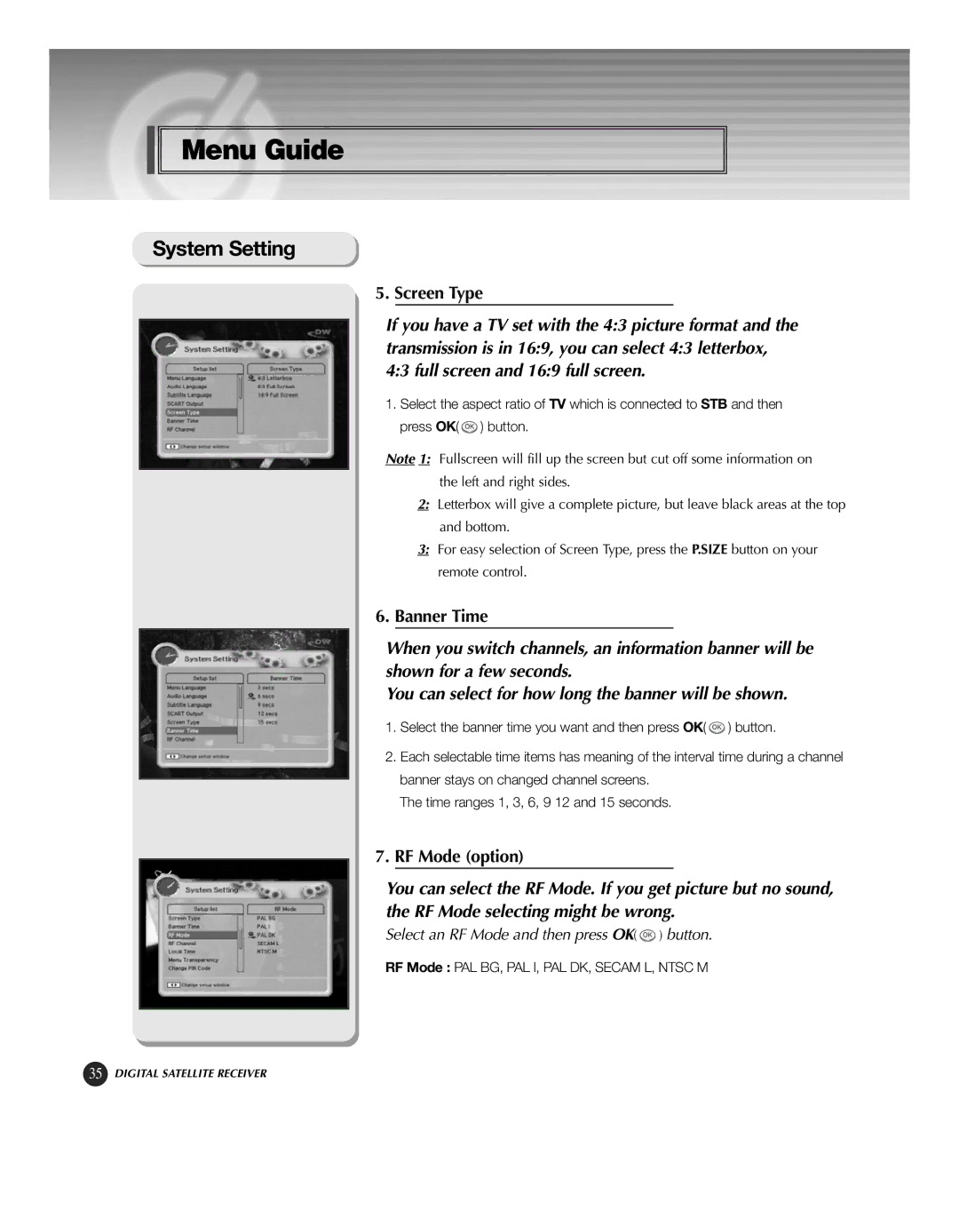 HP KSC-570 manual Screen Type, Banner Time, RF Mode option 