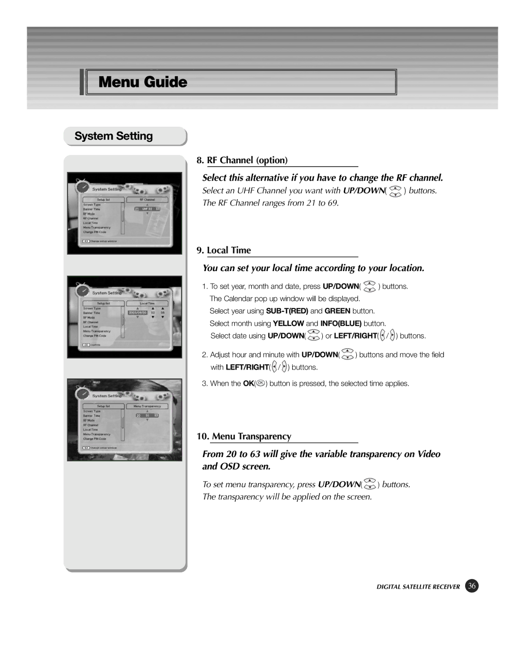 HP KSC-570 manual RF Channel option, Local Time, You can set your local time according to your location, Menu Transparency 