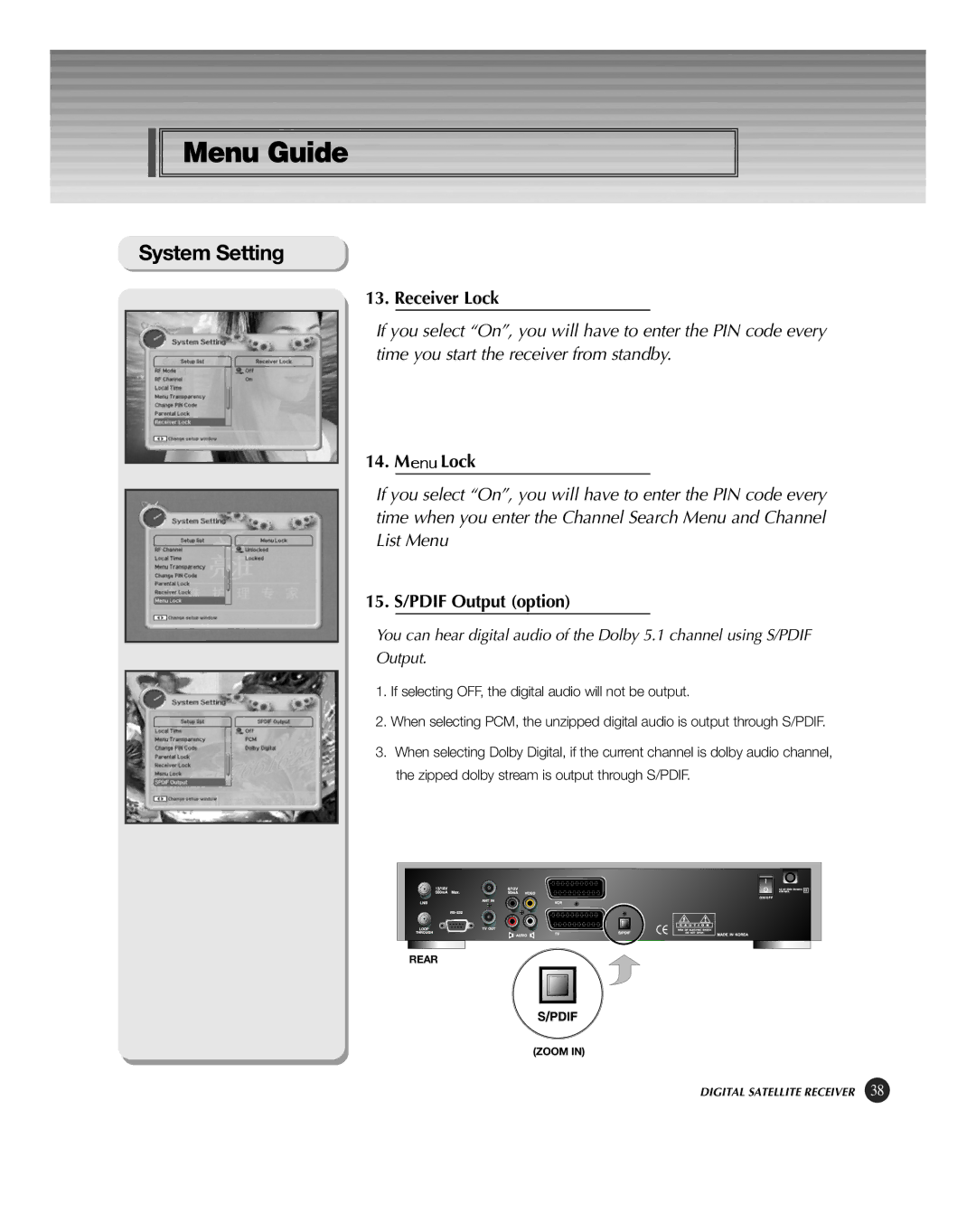 HP KSC-570 manual Receiver Lock, 15. S/PDIF Output option 