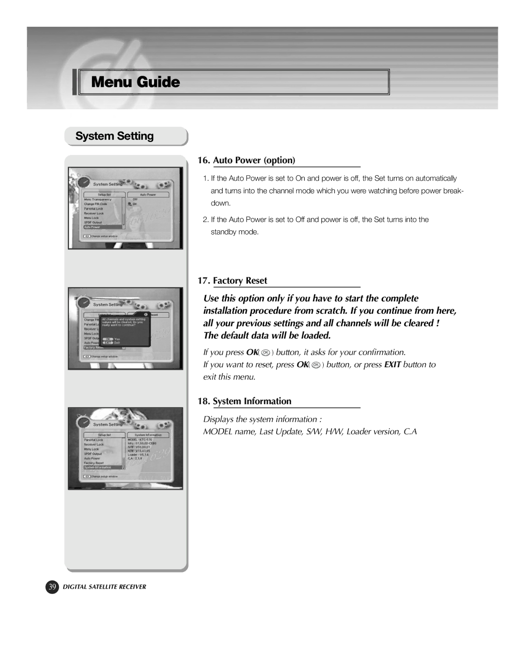 HP KSC-570 manual Auto Power option, Factory Reset, System Information 